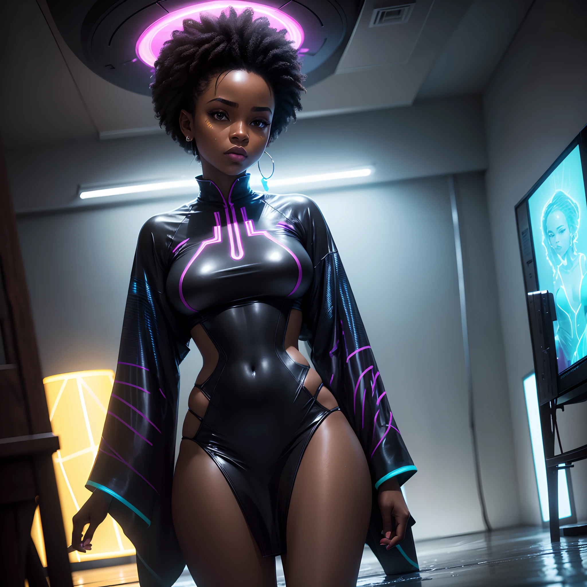 Low angle shot of a Black woman wearing neon lit African designed clothes and standing on a wet surface in a room with large flat screen TVs on the walls, dark room with only the Flat screen TVs lighting the scene, with iridescent light, photorealistic image, 32k, ultra HD, cinematic lighting, artgerm style,