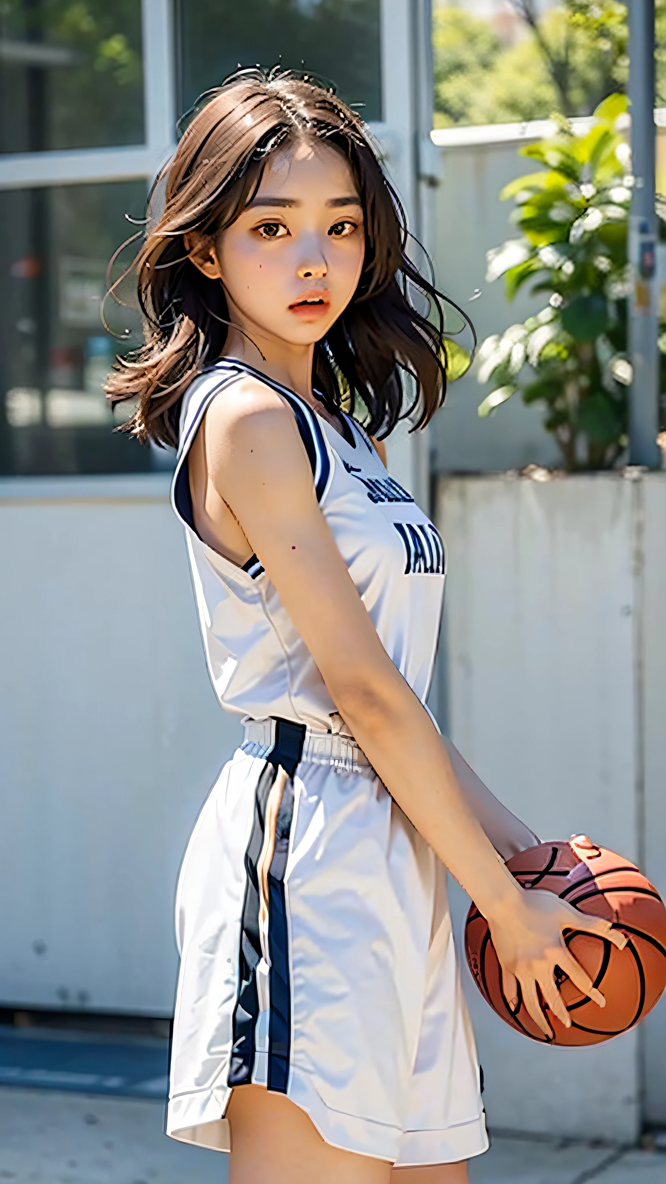 Girl in white basketball uniform, tall, is throwing and dribbling