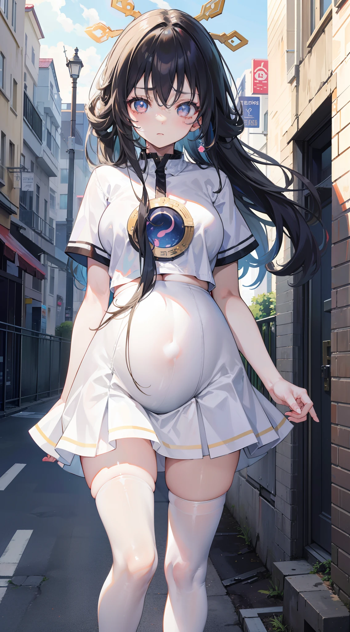Masterpiece, 1girll, yukino yukinoshita, Glowing eyes, White sneakers, tennis wear, White miniskirt, White panties, White knee socks, Masterpiece, Top quality, Hyper-detailed, Blue sky, grabbing her own breasts,Pregnant belly,Pregnant belly, Masterpiece,Best quality,absurderes,2D,((Anime screencap)),1girll,Cute,Expressive hair,Long hair,(Medium breasts),bouncing breasts,(pregnant:0.9),ahegao,Long shirt,vibrator in thighhighs,(((Trembling))),Outdoors,street