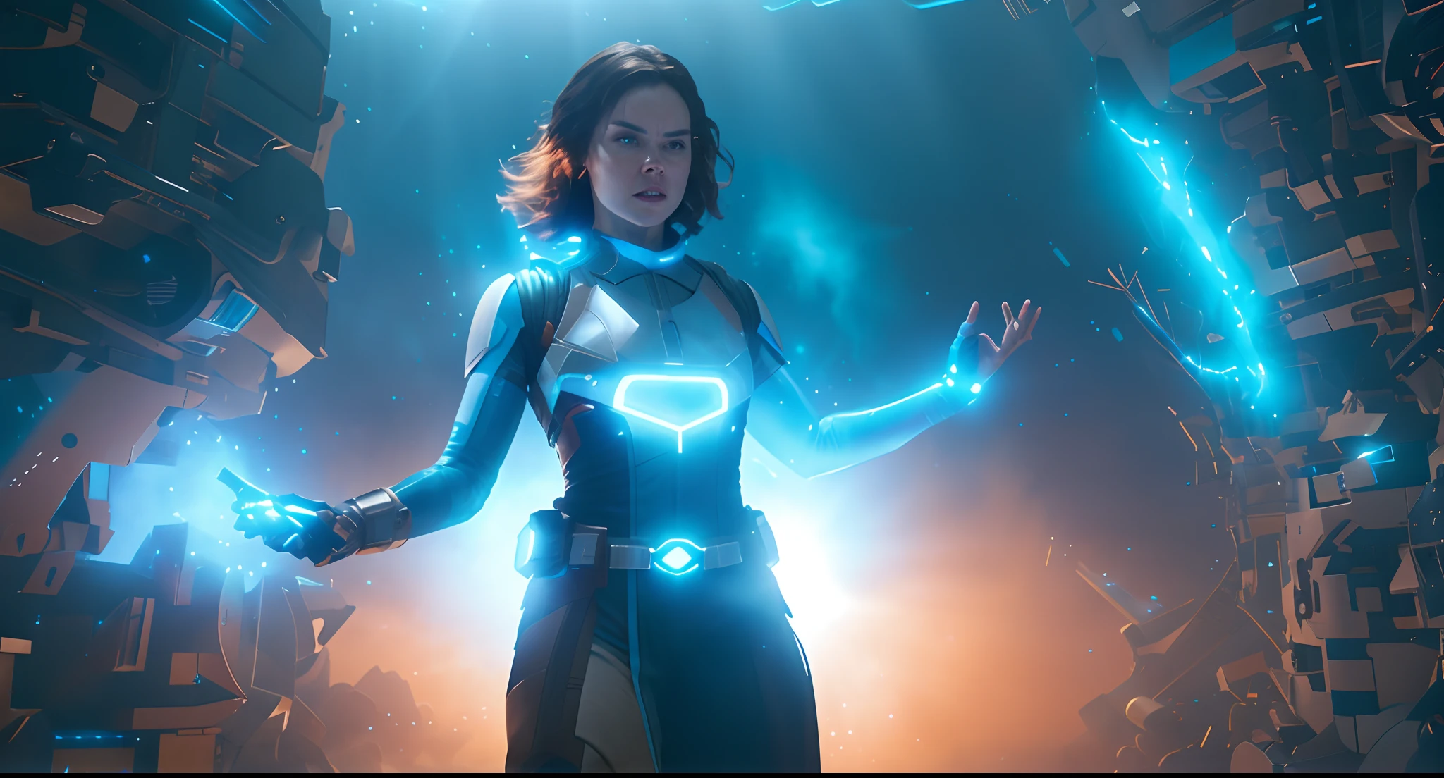 Hot Sci fi action of Daisy Ridley using blue energy powers photography, natural light, photorealism, cinematic rendering, ray tracing, the highest quality, the highest detail, Cinematic, Third-Person View, Blur Effect, Long Exposure, 8K, Ultra-HD, Natural Lighting, Moody Lighting, Cinematic Lighting