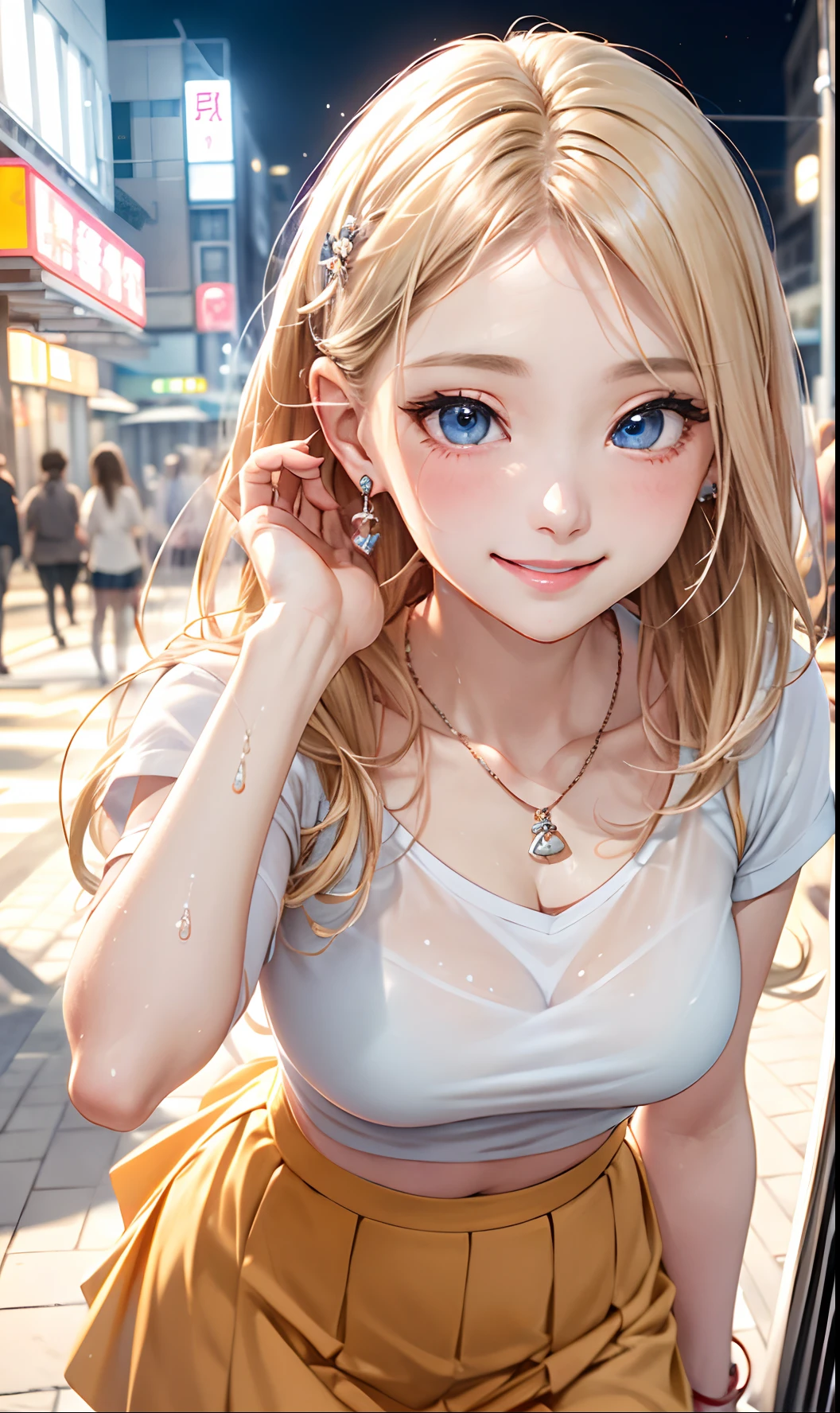 absurderes, ultra-detailliert,bright colour, extremely beautiful detailed anime face and eyes, (独奏:1.6), Smooth straight blonde hair, Shiny hair, Delicate beautiful face, red blush,(Deep Blue Eyes:1.3 ) White skin, hair clips, earrings, a necklace,(Agnes B-Shirt:1.3),(Barbary skirt:1.3) (nightcity:1.3),Bustling street、(Nitanita Smile:1.5)、Wet、