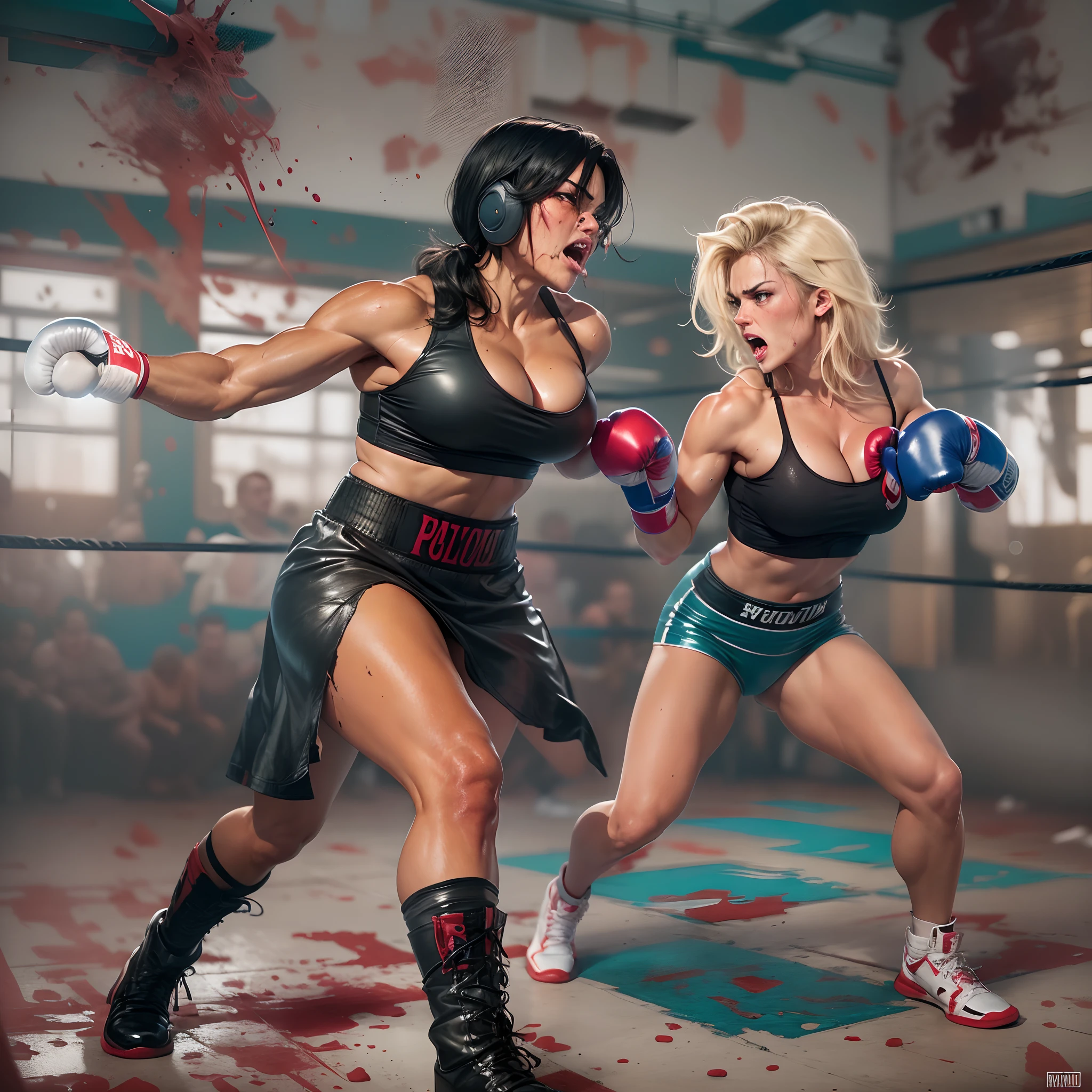 ((two girls)) ((girl 1, sexy, busty, Denise Milani, muscle, boxing, girl, jet-black hair, huge silicone breasts, wearing a black leather boxing skirt, topless, bruised, blood splatter on breasts)) ((girl 2, sexy, small breasts, muscle, boxing, girl, sexy blonde hair, blue eyes, wearing a black leather schoolgirl outfit, aggresive, punching)). they are engaged in a heated boxing fight.  Their faces and bodies are bruised from the fight. their clothes are torn exposing breast and butts. close in fighting, aggressive action, angry looks on their faces, powerful punches and kicks, knock out punch, blood splatter their bodies and clothes.