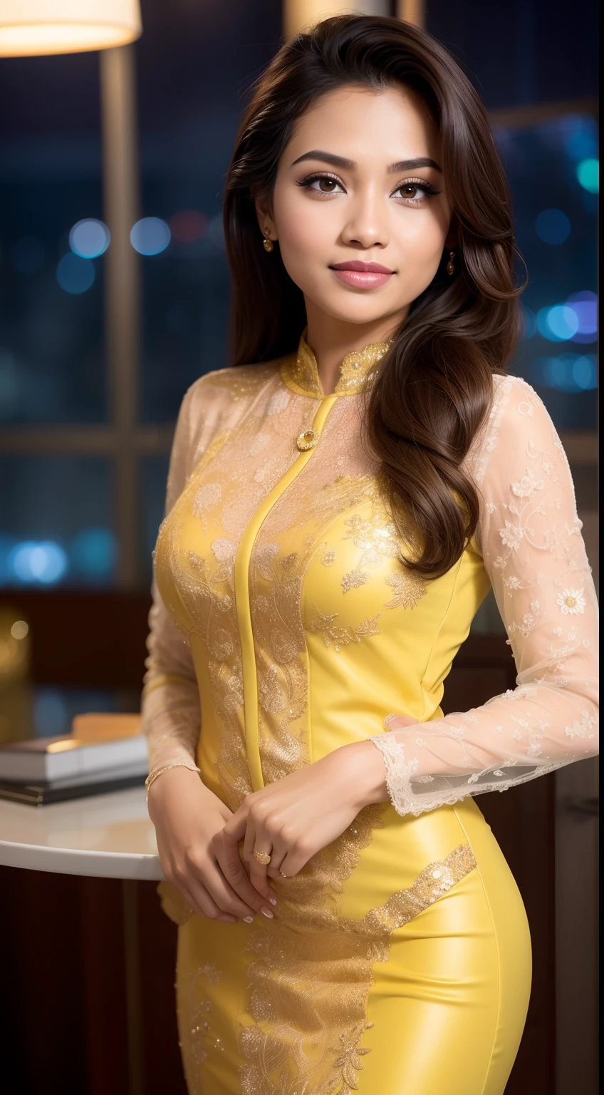 Malay girl, very long golden brown hair, side swept hair, wear  kebaya, happy pose, front view, windy, detail skin, age spot, detail skin texture, mole below eyes, small breast, flat chest, wide hips, small waists, thick thighs, slim abs, beautiful body, nighttime, laughing, happy, bright lighting, white hotel living room, blur background, bokeh,