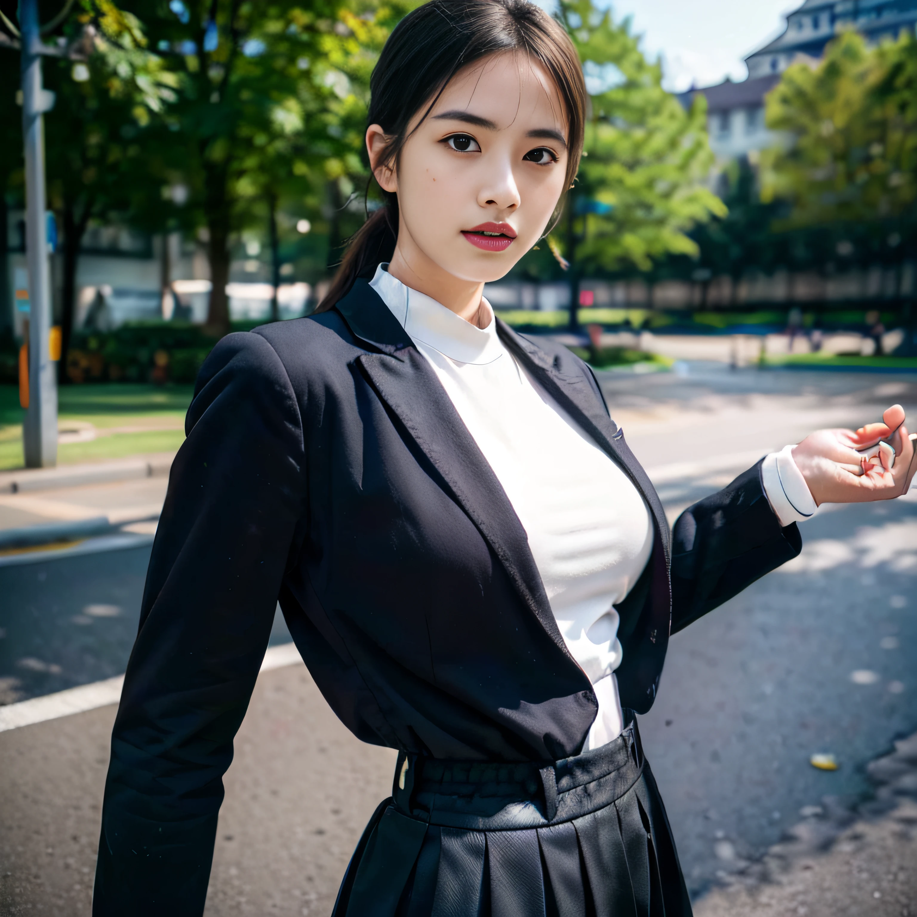Japan girl, girl in her twenties, just good breasts, perfect breasts, perfect skin, wet hair, perfect, dark hair, brown eyes, office lady, navy suit up and down, white shirt, rain, shiny, luminous, city,