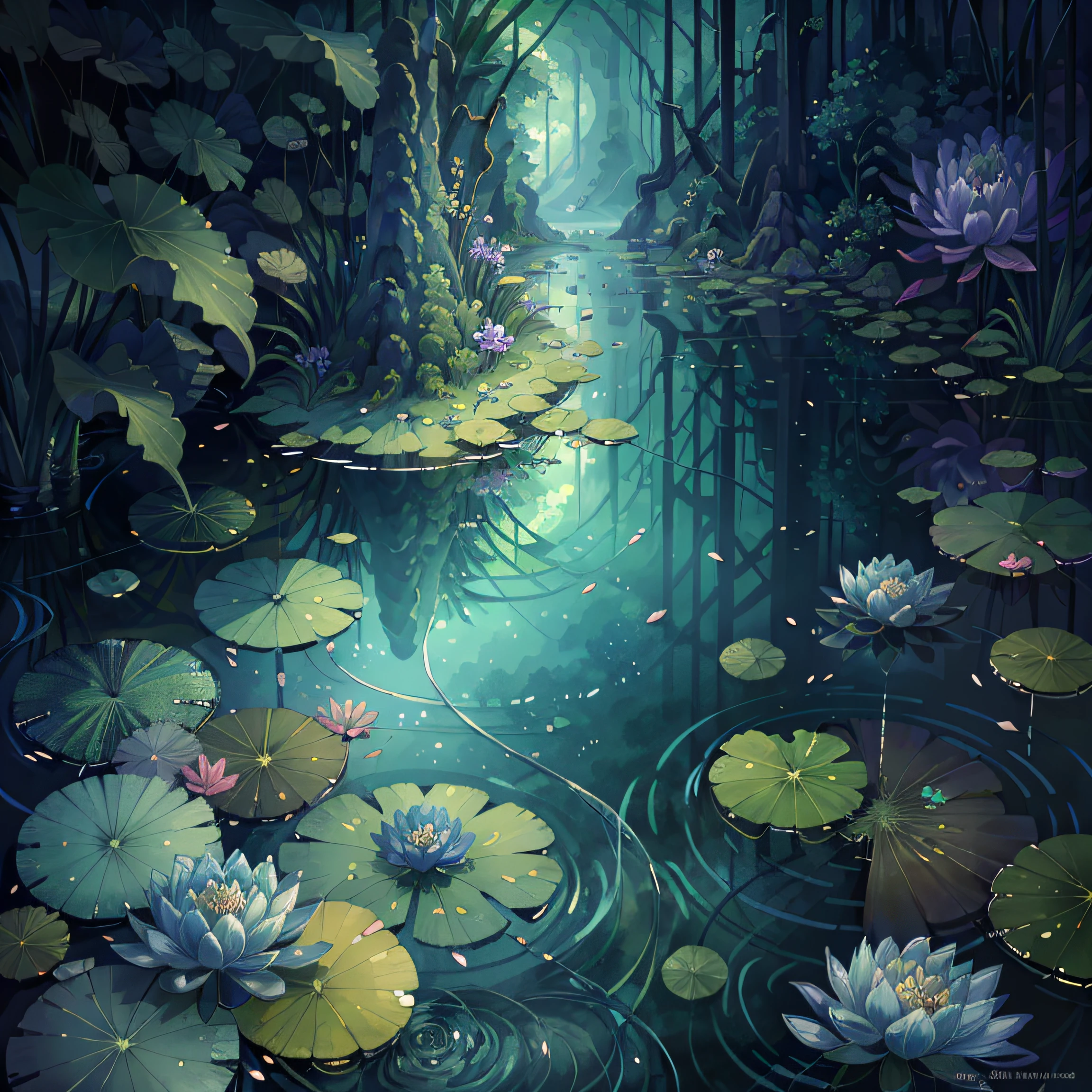 Original,(illustratio:1.1),(best qualtiy),(tmasterpiece:1.1),(the Extremely Detailed CG Unity 8K Wallpapers),(a color:1.2),water lilies,Water lily petals,scenecy,rios|Wagas,