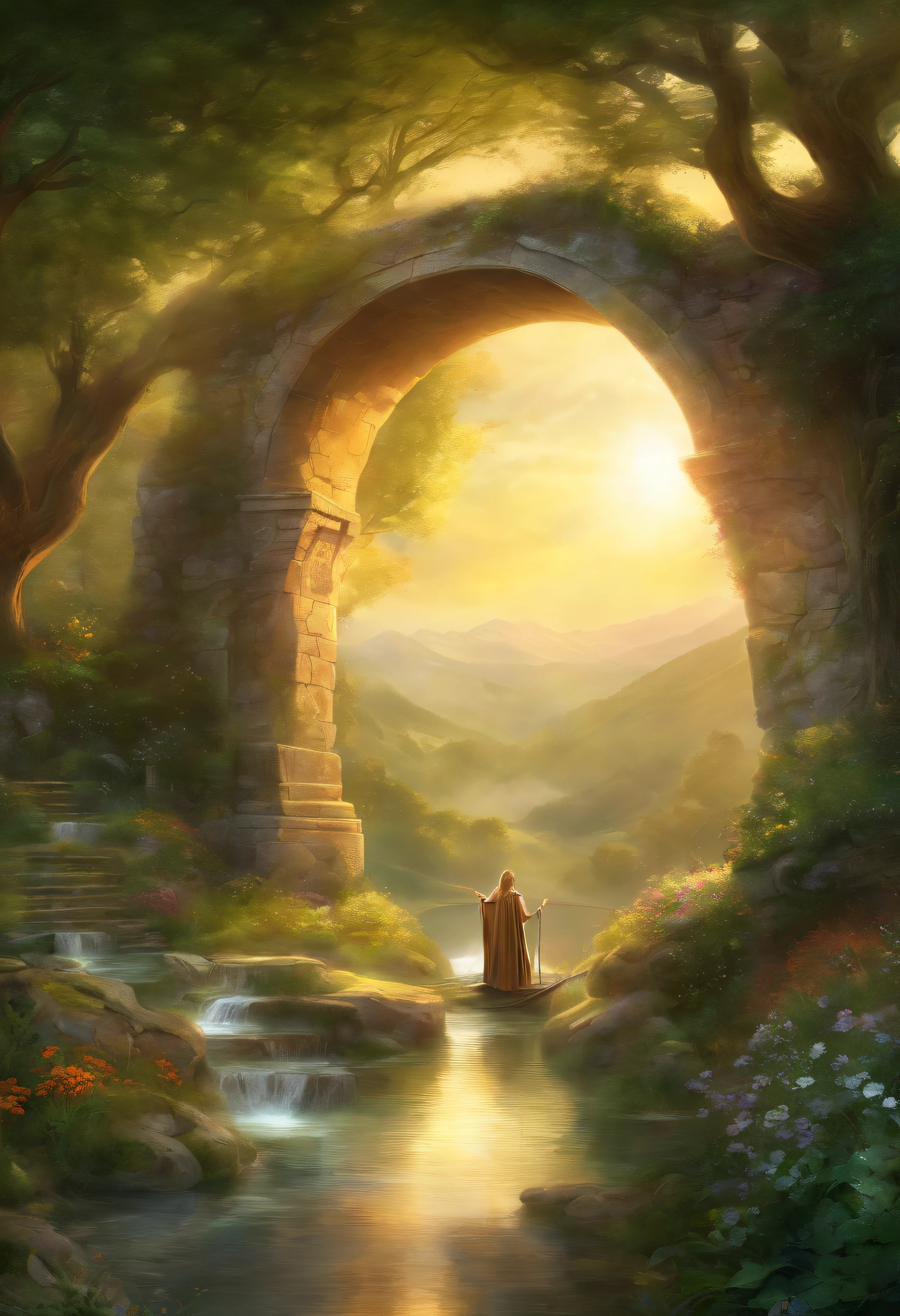 (masterpiece, top quality, best quality, official art, beautiful and aesthetic:1.4, watercolor:1.1), (Shire, The Lord of the Rings:1.6), lush rolling hills, small round doors built into green mounds, hobbits bustling about, smoke curling up from chimneys, gardens overflowing with colorful flowers, a serene river winding through, a picturesque and tranquil setting, the very essence of hobbit life.