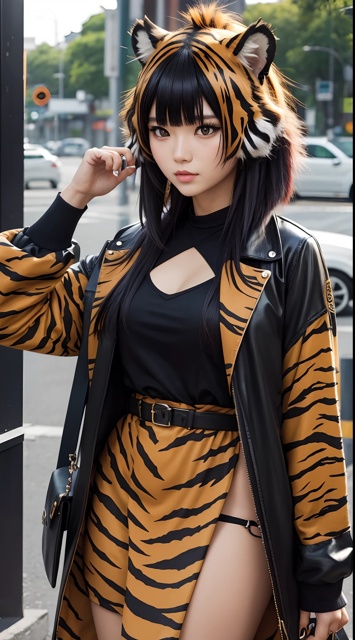 She has tiger-patterned hair because she is a tiger beastman。She is very fashionable。