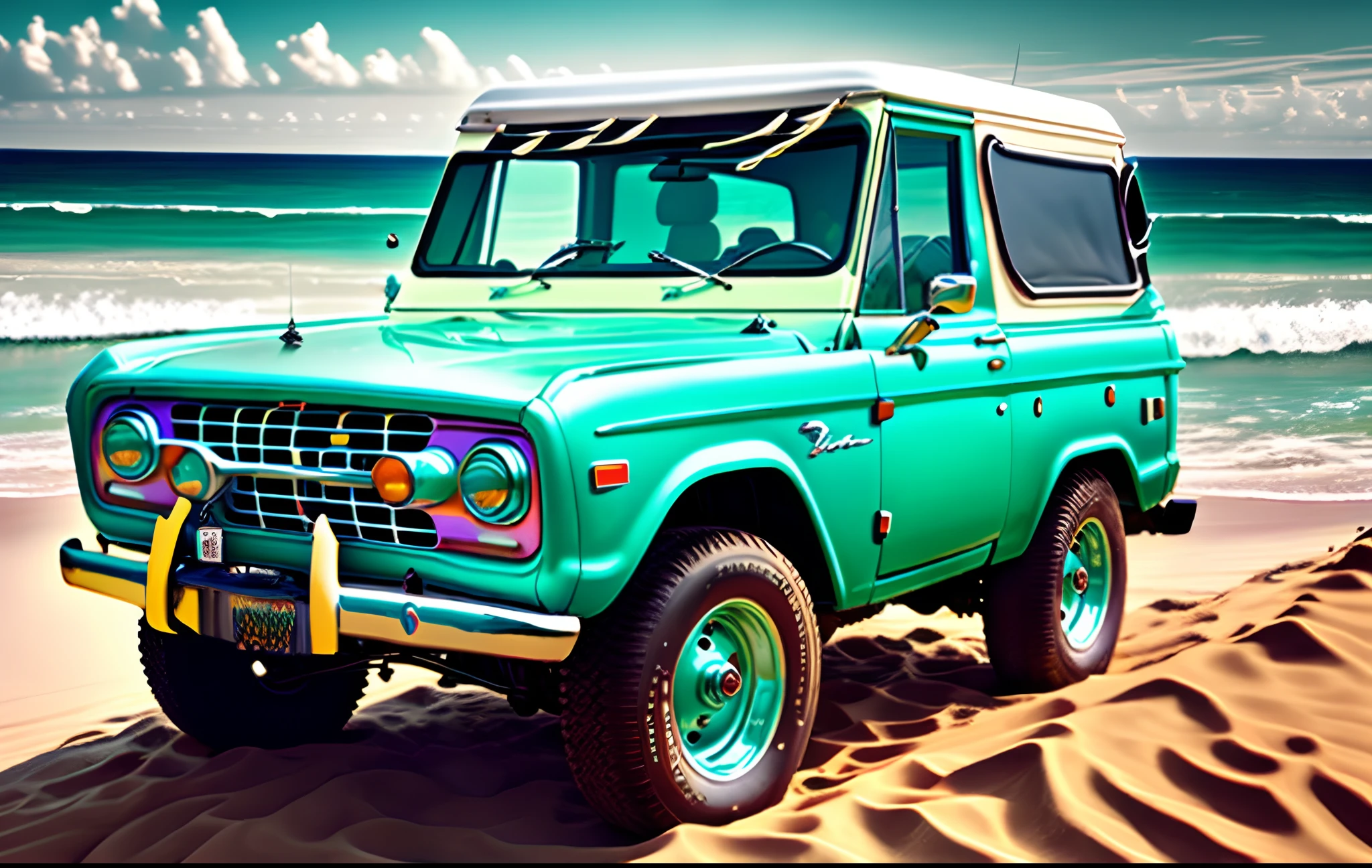 1971 ford bronco, aqua color, with white roll bar, white grill, white wheels and big tires on a beach