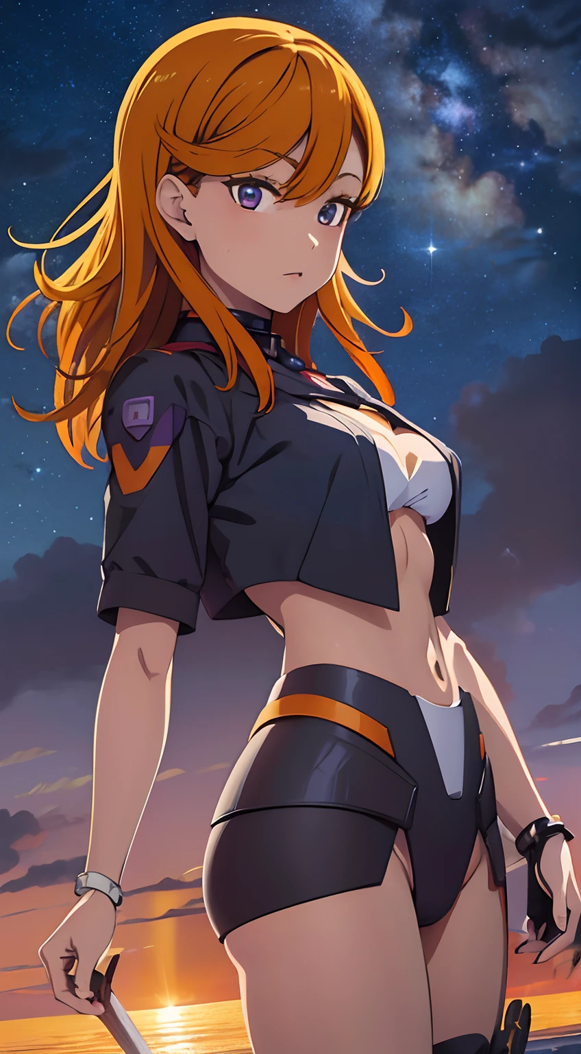 Masterpiece, top quality, 1 anime girl, Beautiful view , orange hair, purple eyes , on the Beach , Beautiful sky view as background , super detail, 4k wallpaper , mature woman ,black pupils, Beautiful night sky, Wearing Mecha armor ((Gundam)),full view, detail face,((Gundam)),beautiful face, detail Eye