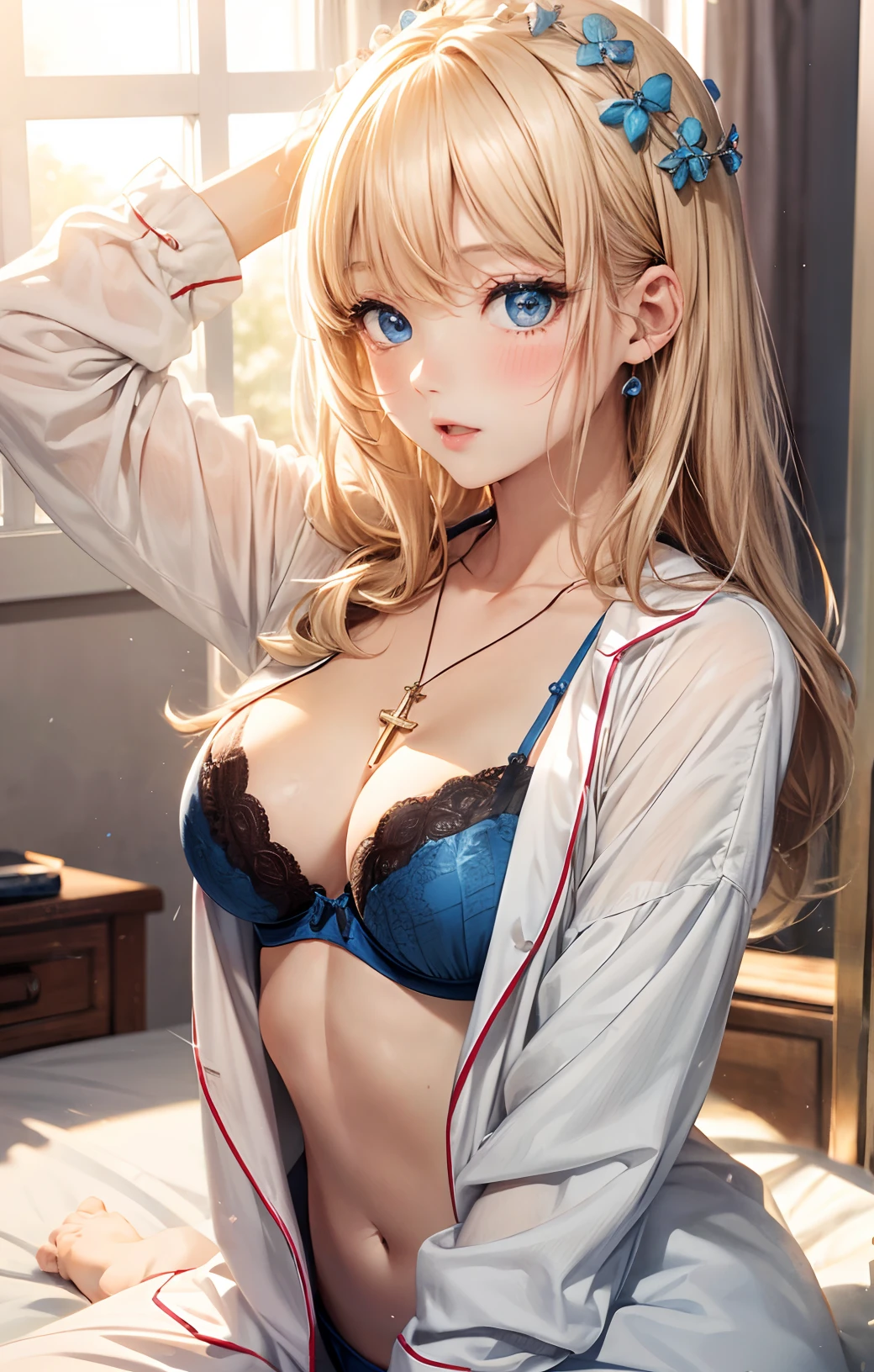 absurderes, ultra-detailliert,bright colour, extremely beautiful detailed anime face and eyes,top-quality、masutepiece、(1womanl:1.5)、Beige oversized pajamas、pink bra、(big yawning)、Sitting in bed、(Arms up:1.3)、Blonde semi-long hair、Blushing、(Deep Blue Eyes:1.4)、Healthy white body、Summer morning,(light coming through the window:1.3)、Little Cross Necklace、medium breasts、hair clips、Upper body、