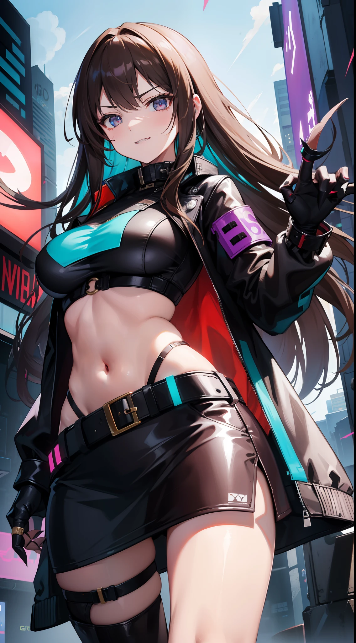 A girl, Long brown hair, Heteroromy, left violet eye, Right Golden Eye, Turquoise cyberpunk top, leather jacket, Upskirt, open belly, open breasts, large breasts, smirk, tooth, fangs, claws, hiquality, 4k, HD, Good detail