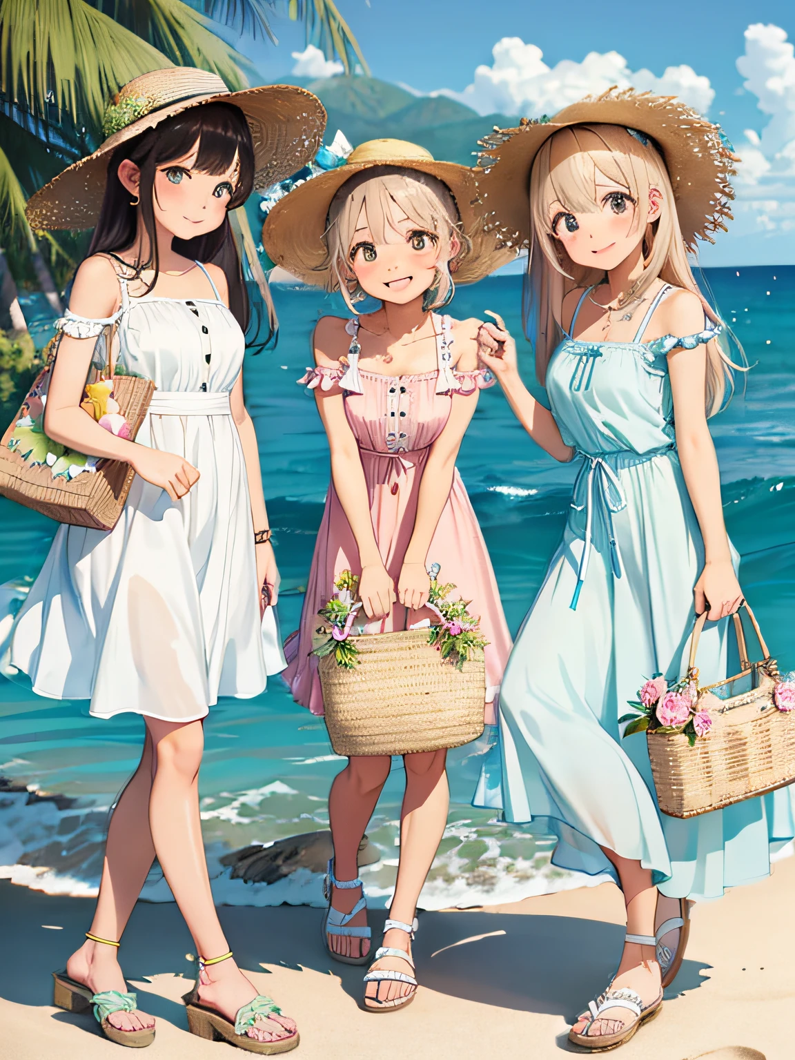 Detailed background、top-quality、the beach、20 generations of beauties 3 people、Cute hairstyle、huge-breasted、Smiling、Feminine and cool one-piece style、Choose a flared skirt or maxi dress、Choose cool materials、Pair your feet with sandals or espadrilles、Add a resort feel with a straw hat or tote bag.、Bright colors and patterns、By incorporating ruffles and lace details、Creates a feminine glamour