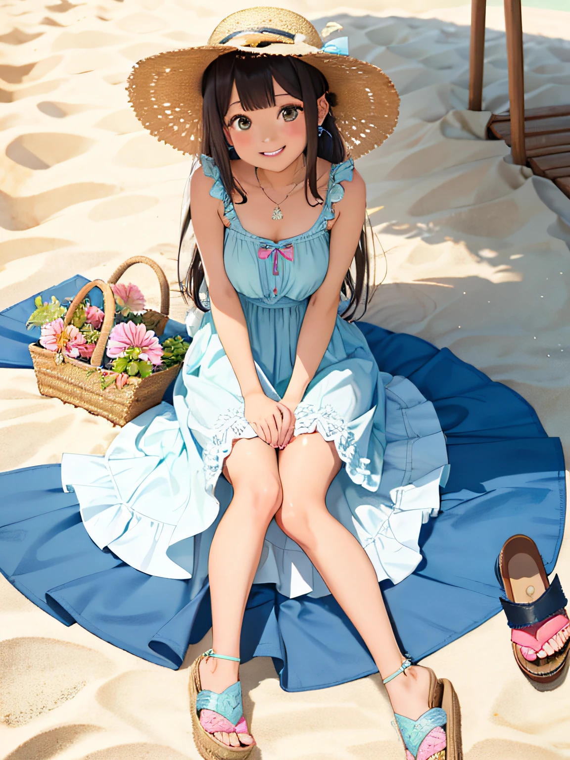 Detailed background、top-quality、the beach、20 generations of beauties 3 people、Cute hairstyle、huge-breasted、Smiling、Feminine and cool one-piece style、Choose a flared skirt or maxi dress、Choose cool materials、Pair your feet with sandals or espadrilles、Add a resort feel with a straw hat or tote bag.、Bright colors and patterns、By incorporating ruffles and lace details、Creates a feminine glamour