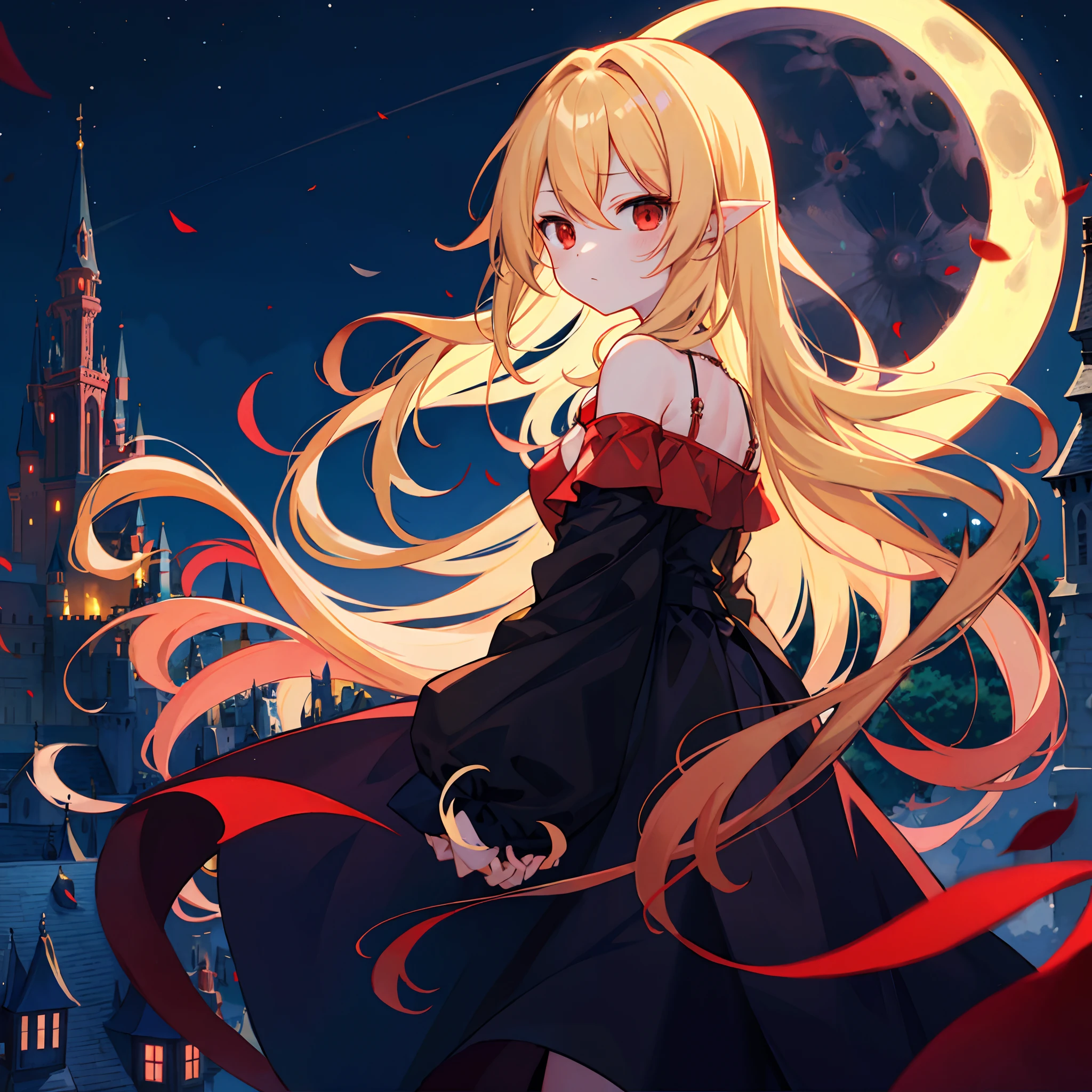 Wavy blonde、red eyes、One beautiful vampire girl、Black clothe、off shoulders、a moon、natta、Western castles