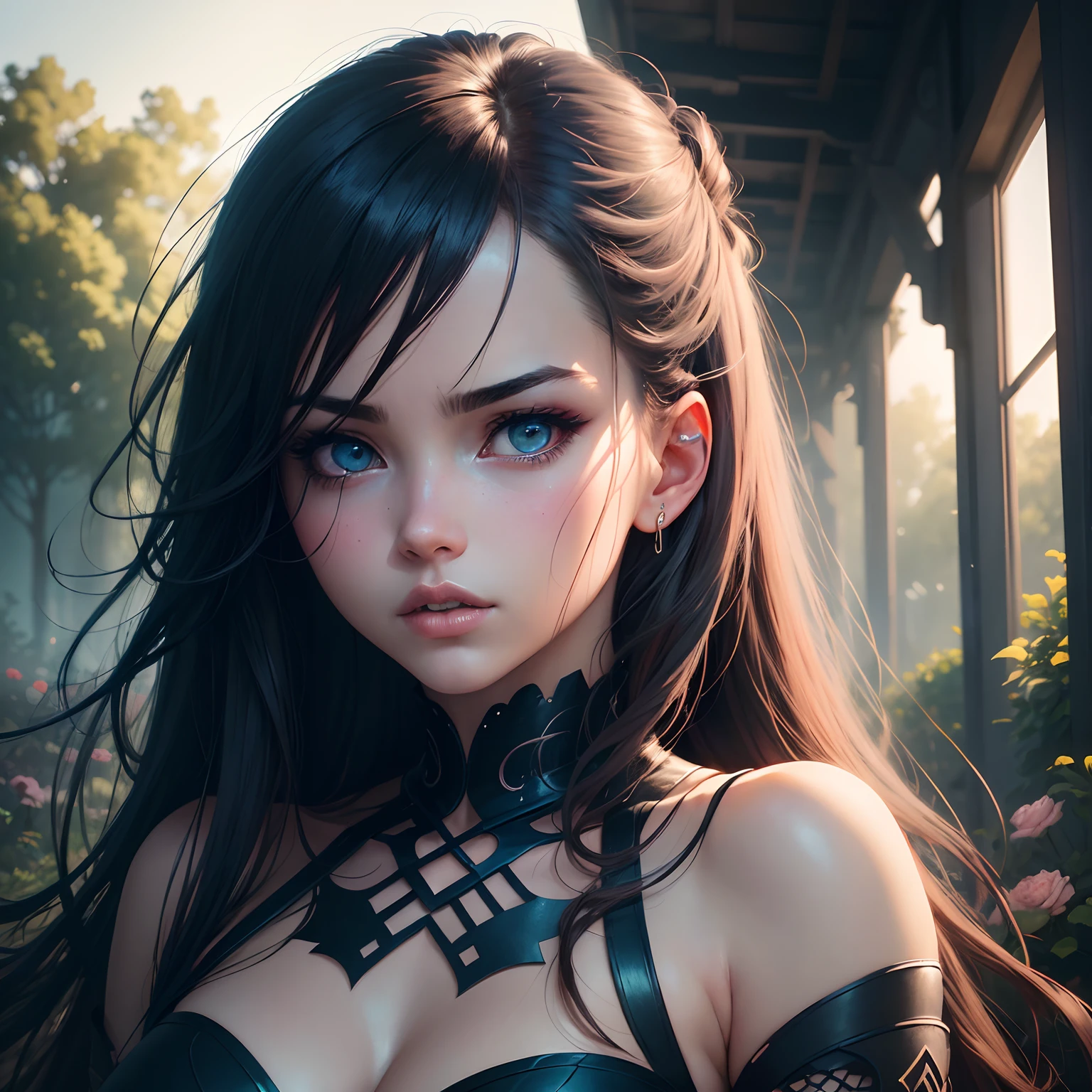 (best quality,highres:1.2),ultra-detailed,photorealistic,a girl,anime style,Deftones aesthetic,illustration,beautiful detailed eyes,beautiful detailed lips,vivid colors,moody lighting,a garden backdrop,soft pastel palette,haunting atmosphere,ethereal elements,subtle grunge texture,impressive linework,dreamy and surreal ambiance,powerful emotions,emotive facial expression,dynamic composition,strong visual impact,expressive pose,unique character design,beautiful flowing hair,intense contrast,striking typography,stylized typography,band name and album title integration,modern and edgy feel,ethereal backlit effects,seamless blend of music and art