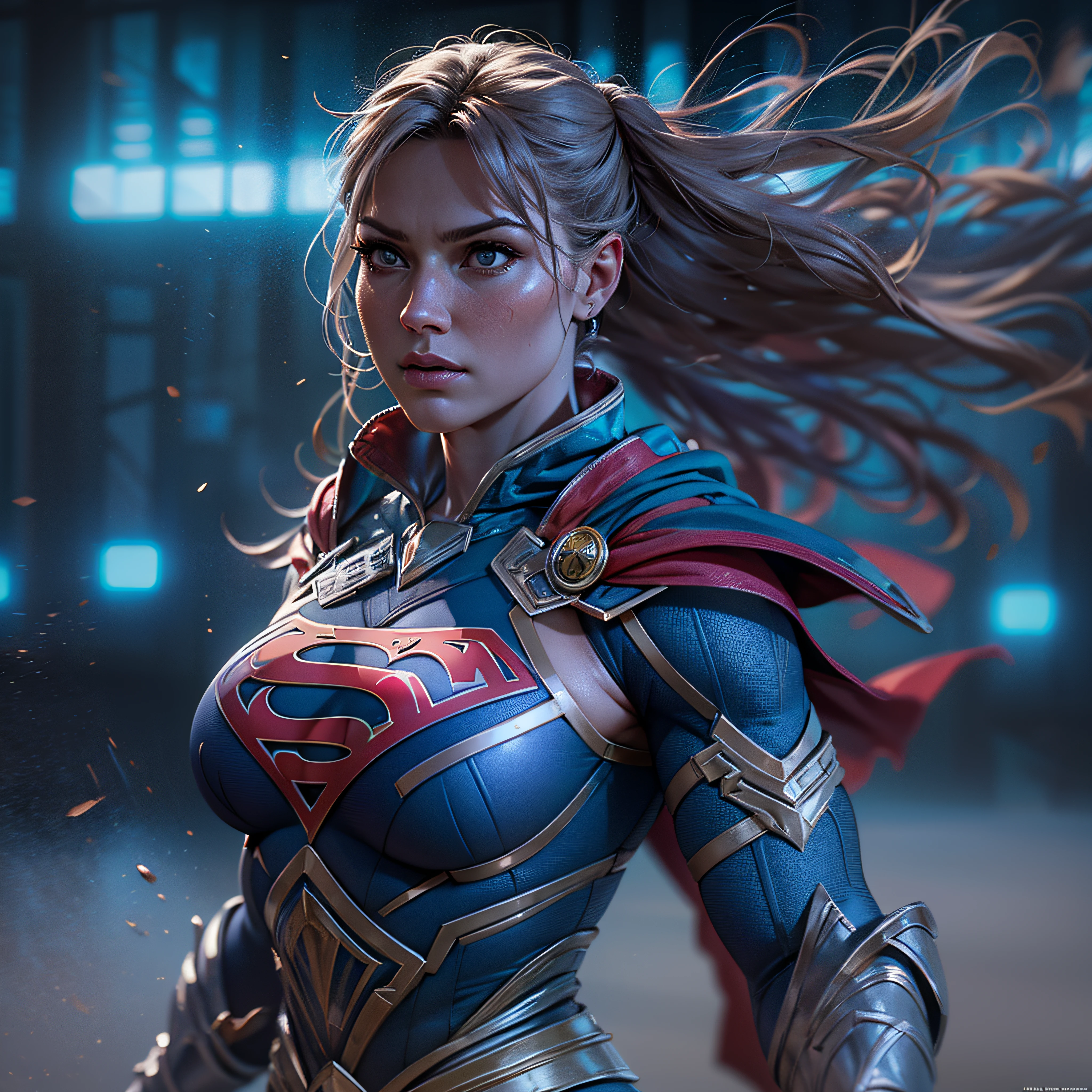Warrior Supergirl, muscular body. battle pose. intricate, hyper-maximalist, elegant, hyper realistic, epic high details, full details, high resolution, dynamic slight blue lighting, rendering, realism, Photo-realistic, ultra realistic, octane render, unreal engine, hyper detailed, volumetric lighting, 8k reality, cinematic