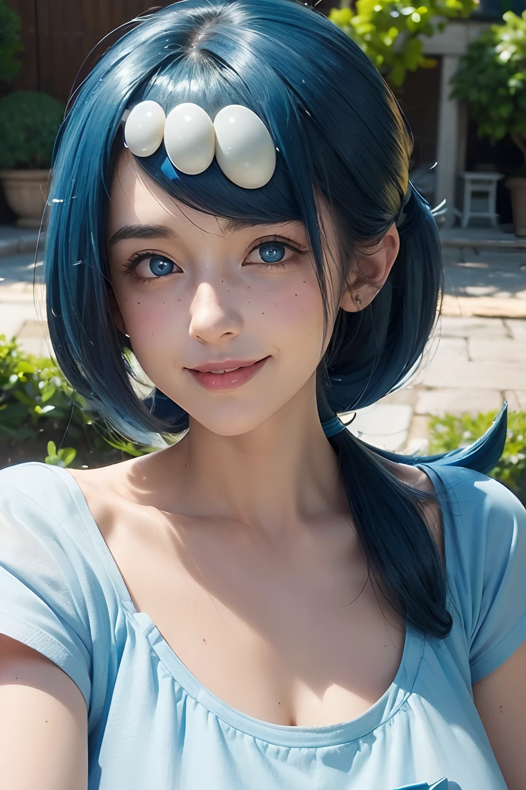 (best quality), (masterpiece), detailed, depth of field, perfect lighting, 1girl, mature female, blue eyes, blue hair, low ponytail, hair ornament, (best quality), (masterpiece), detailed, depth of field, short sleeves, white shirt, blue skirt, upper body, freckles, medium breasts, smile