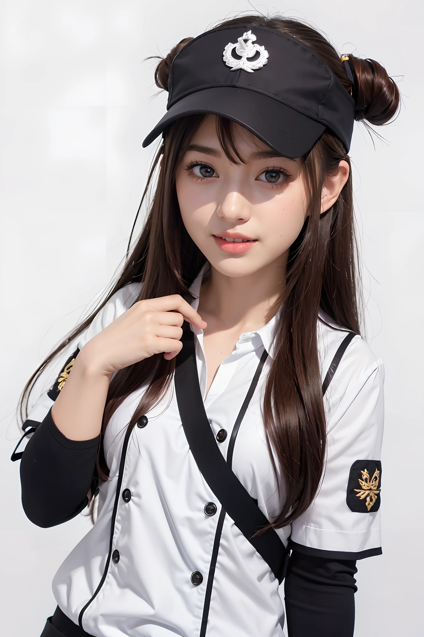 1girll, Dragon City (kancolle), Solo, Brown hair, double tails, Brown eyes, Visor cap, magatama, Open mouth, Planes, Smile, Planes, White background, Japanese clothes, Simple background, kariginu, Upper body, Long hair