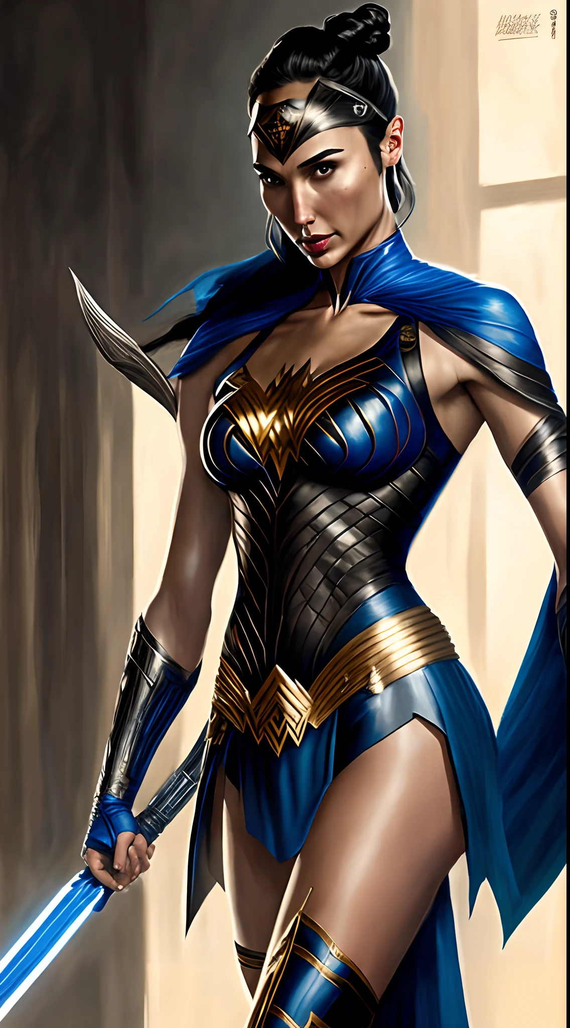 actess ((Gal Gadot)) as Kitana from Mortal Kombat, in the temple, wields fans, blue-and-black revealing bodysuit, blue stockings, blue ninja mask, high heels, intricate hair bun, intricate, high detail, sharp focus, dramatic, photorealistic painting art by greg rutkowski