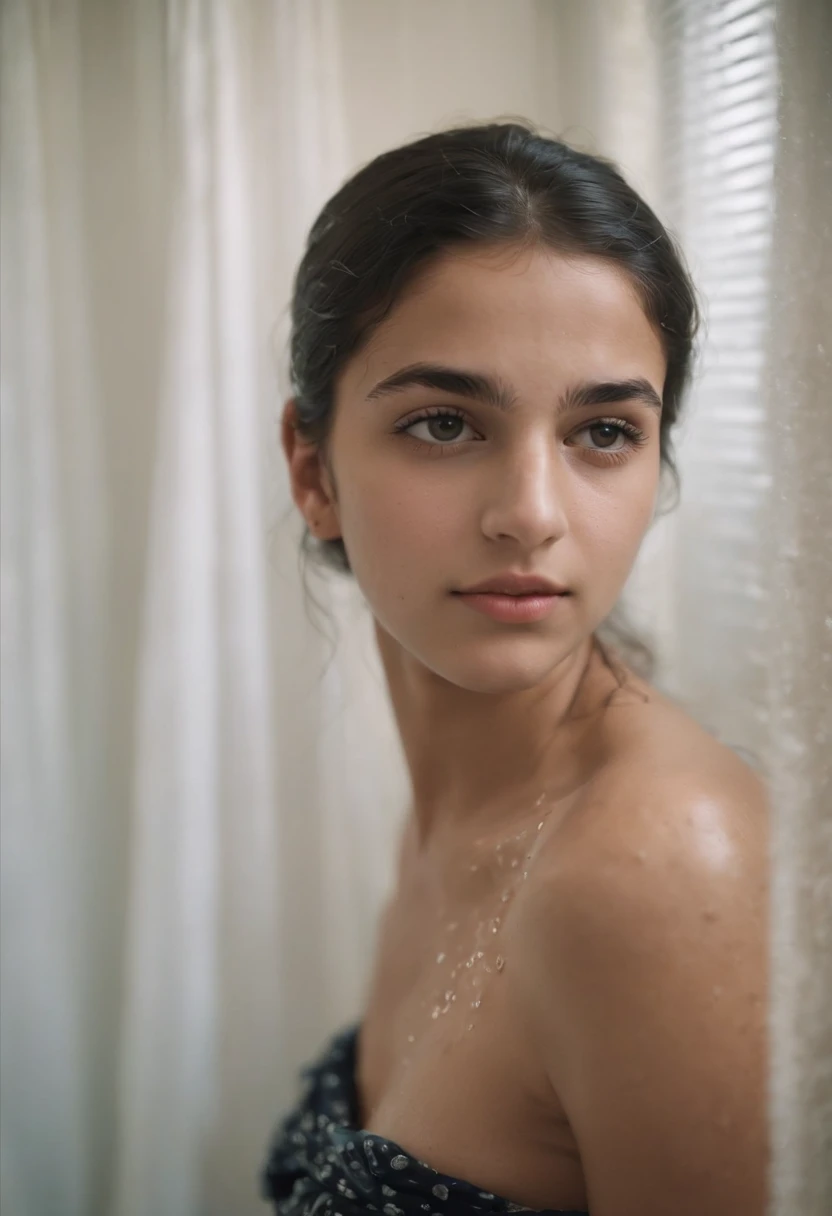 A 11yo girl in a room, with towel on her shoulders, looks like after shower , beautiful, (best quality photo) European,