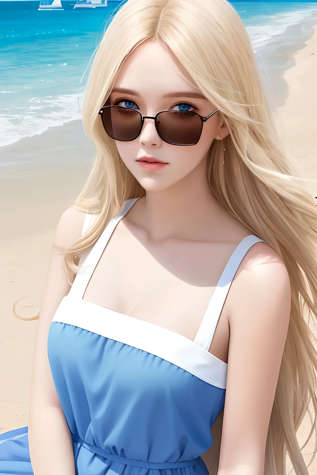 A photorealistic portrait of a 25-year-old American girl with long, flowing blonde hair and striking blue eyes with sunglass Wearing white t-Shart. She should have a natural, approachable expression and be illuminated by soft, golden-hour sunlight. The background should be a scenic outdoor setting, perhaps a sunlit beach. Capture this image with a high-resolution photograph using an 85mm lens for a flattering perspective