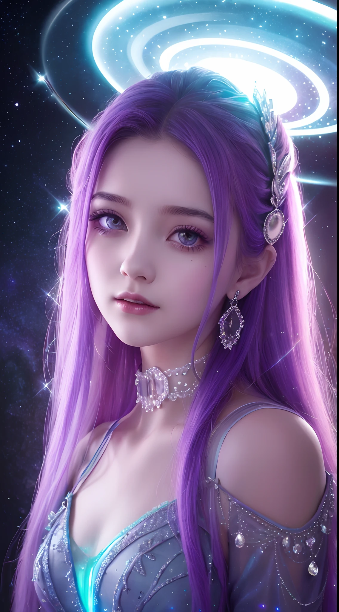 fondo: Mysterious quantum environment, Cosmic elements and ethereal atmosphere,Una mezcla de luces brillantes y nebulosas coloridas. tema: A mysterious girl with a magical aura. Ella tiene mucho tiempo, Rizos ondulados coloridos, El cabello brillante se destaca. Sus ojos son profundos y expresivos, Universe of reflection. She wore a flowing dress in purple and blue......, Con detalles intrincados y texturas misteriosas. Paleta de colores: A combination of mysterious shades such as cosmic purple, celestial, Rosa suave y un toque dorado. Crear contrastes, Aumentar la profundidad, color oscuro, Like dark purple or night blue. aesthetic: Aesthetics combine elements of Mistycore, Known for its mysterious and ethereal atmosphere, and crystalline nuclei, Con su claridad cristalina y detalles brillantes. The girl exudes magical energy,Su presencia se cierne sobre ella,fascinante. cubierto con: Keep subtle bright effects and glow overlays around the girl, cubierto con: Adds a soft glow effect around the girl and the crystal,(cristales:1.4),Parece exudar magia. Also, Add small flash details Enhances the ethereal atmosphere,(manos:1.4),Captura de todo el cuerpo.(Beautiful and detailed eye description),motor irreal:1.4,UHD,La mejor calidad:1.4, (fotorrealista:1.4),( textura de la piel:1.4), (obra maestra:1.8)