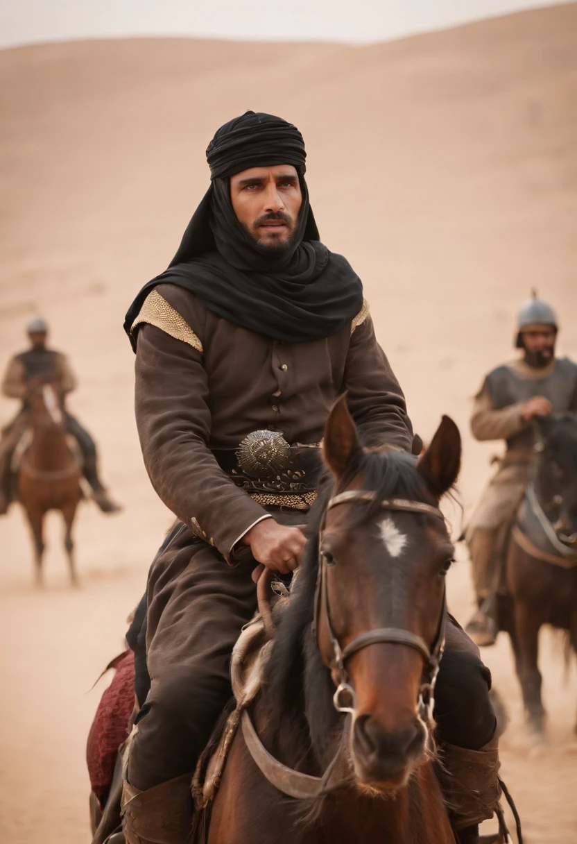 a moslem general holding a black flag riding a horse with desert background, invading army background, hundreds of medieval soldier behind, a group of ancient men army behind, UHD, cinematic,