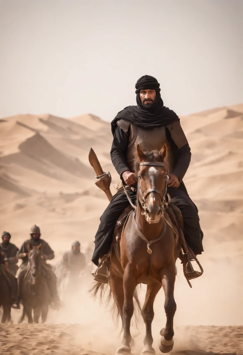 a moslem general holding a black flag riding a horse with desert background, invading army background, hundreds of medieval soldier behind, a group of ancient men army behind, UHD, cinematic,