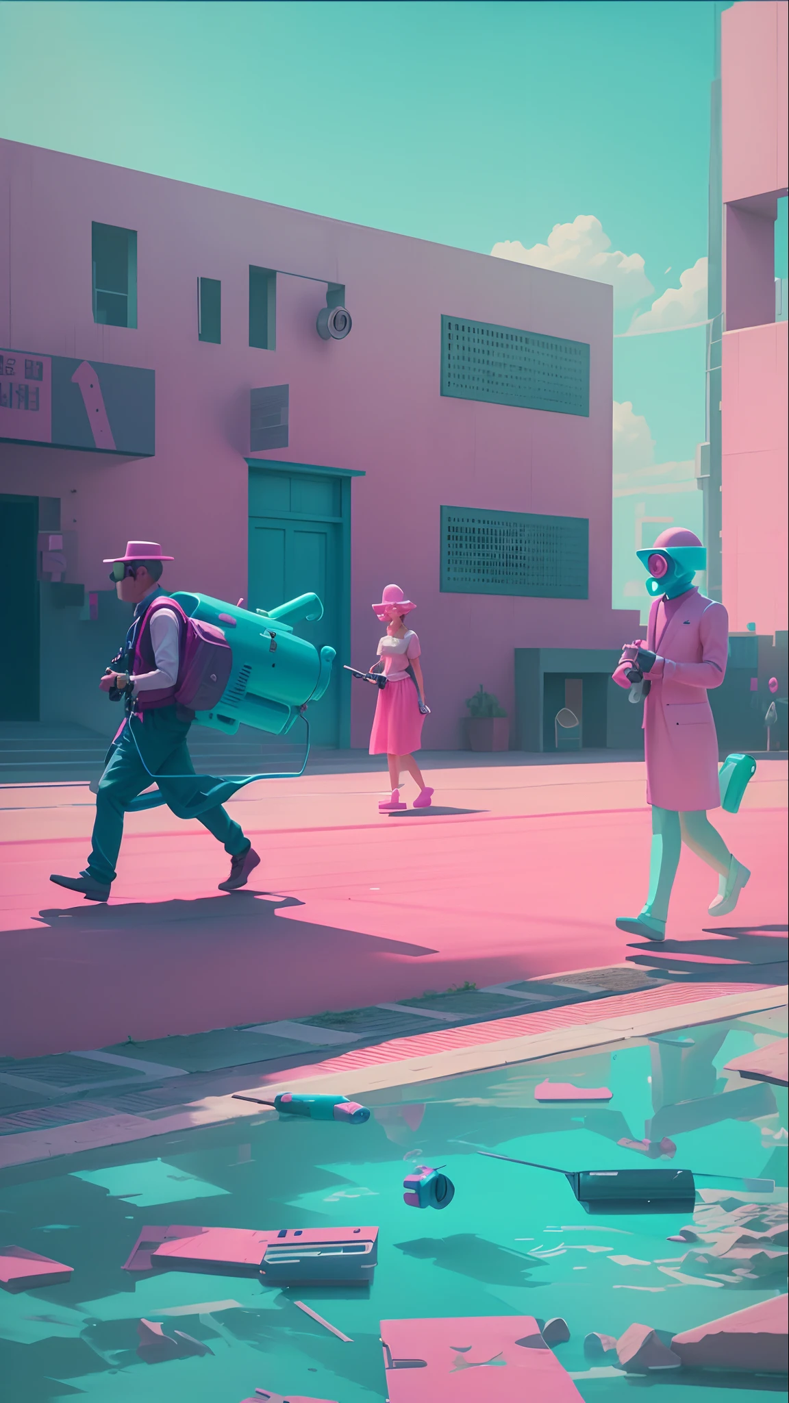 barbie Doll style. (A Man Charracter, cctv head, water gun), (Pink and cyan Background), (outdoor, building, sky, Day), Toy, walking on road.