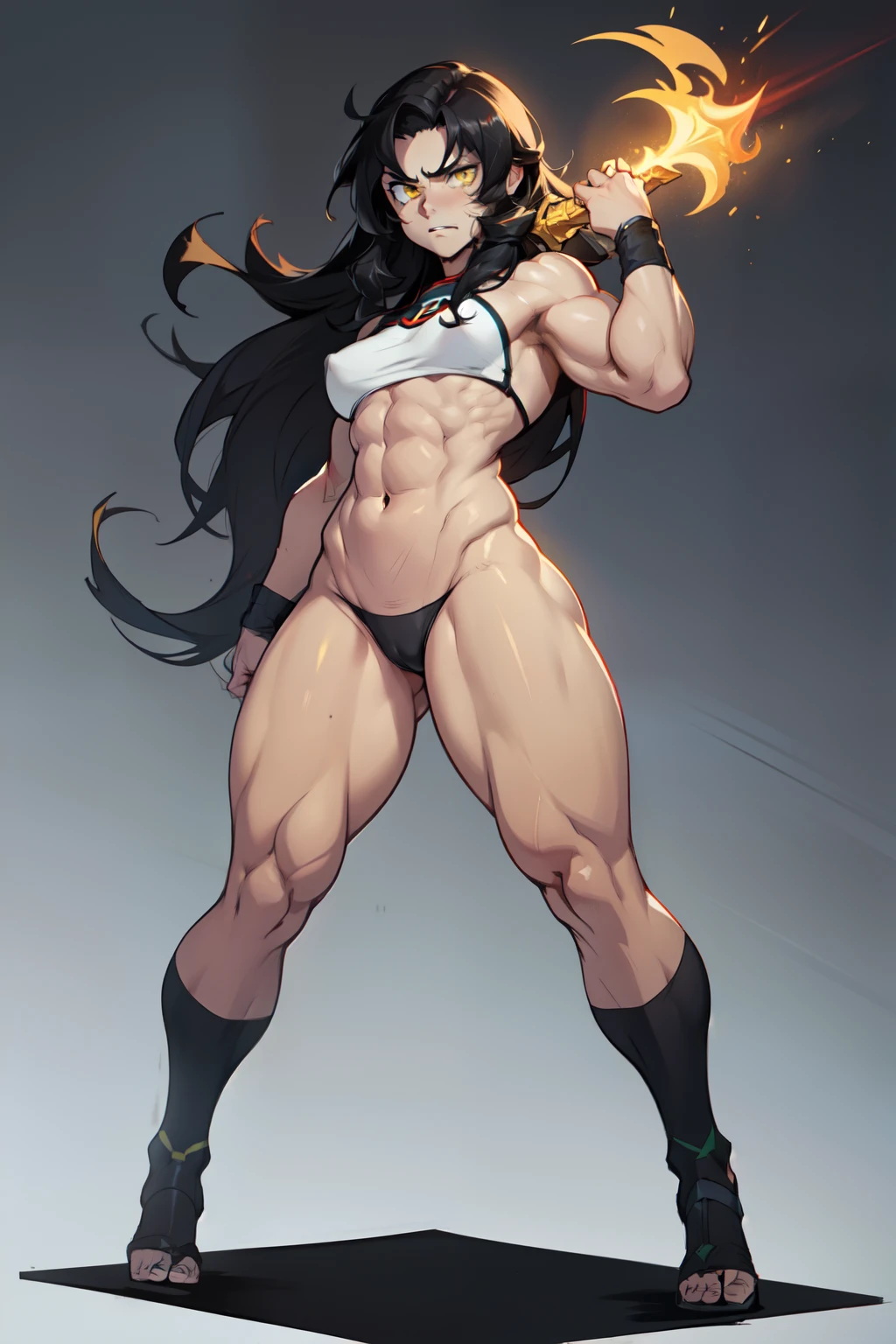 (((muscular))), (thick thighs, small , toned body, 1 girl), black hair, pale skin, yellow eyes, angry, mound, very long hair, hero pose, ((full body))