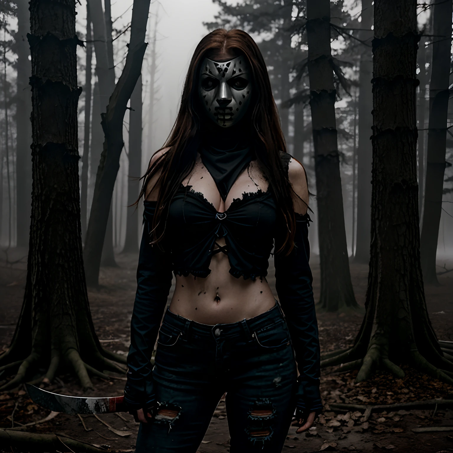 Generate a striking photograph of Autumn in her mid-20s, standing at approximately 5'4". She embodies a female version of Jason Voorhees from the Friday the 13th franchise. Her long, wavy chestnut hair cascades eerily over her shoulders, and her athletic hourglass figure, including her full bust, is cloaked in a sinister yet alluring manner. Her complexion is pallid, creating an eerie contrast with her dark attire.Cloaked in a gender-bent, menacing interpretation of Jason Voorhees' iconic attire, Autumn wears a tattered and blood-spattered hockey mask that conceals the upper part of her face. Her clothing consists of a weathered, blood-stained hockey jersey with the number 13, paired with distressed, dirt-covered jeans and heavy, mud-caked boots.The photoshoot takes place in a creepy, moonlit forest by the shores of Crystal Lake. The atmosphere is shrouded in fog, and the dim moonlight casts eerie shadows through the trees, creating a chilling ambiance.Autumn strikes poses that convey both malevolent power and eerie allure. She might menacingly wield a bloodied axe, poised to strike, while her expressive brown eyes gleam with malevolence through the eye holes of the hockey mask. Her stance exudes a sinister confidence that captures the essence of Jason Voorhees.Intense look and makeup, asymmetrical mask design, photorealistic, moonlit lighting, ominous fog, reflective axe blade, visible gore and bloodstains, chilling shadows, intricate, elaborate, hyper-realistic.