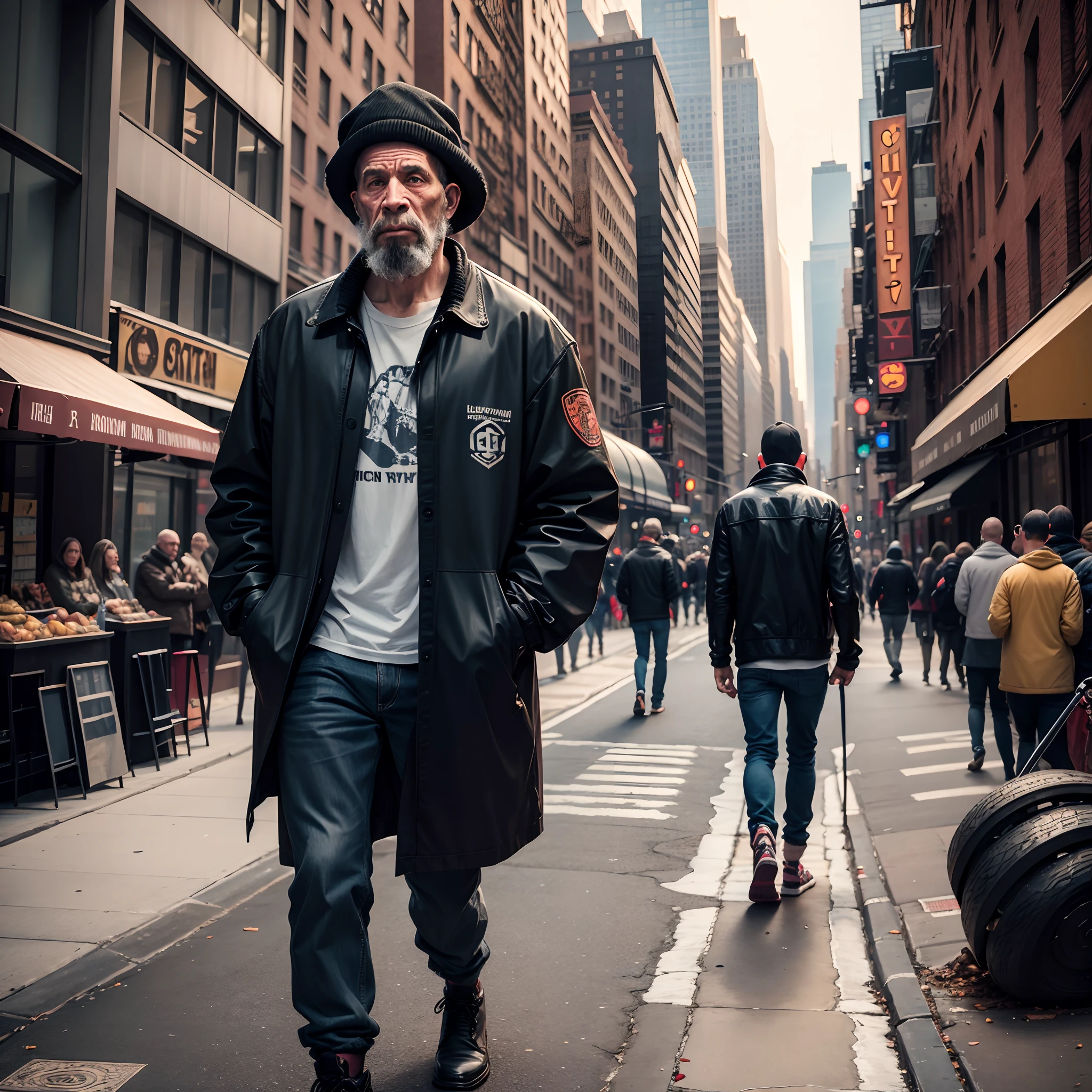 Primitive man walking on a newyork street