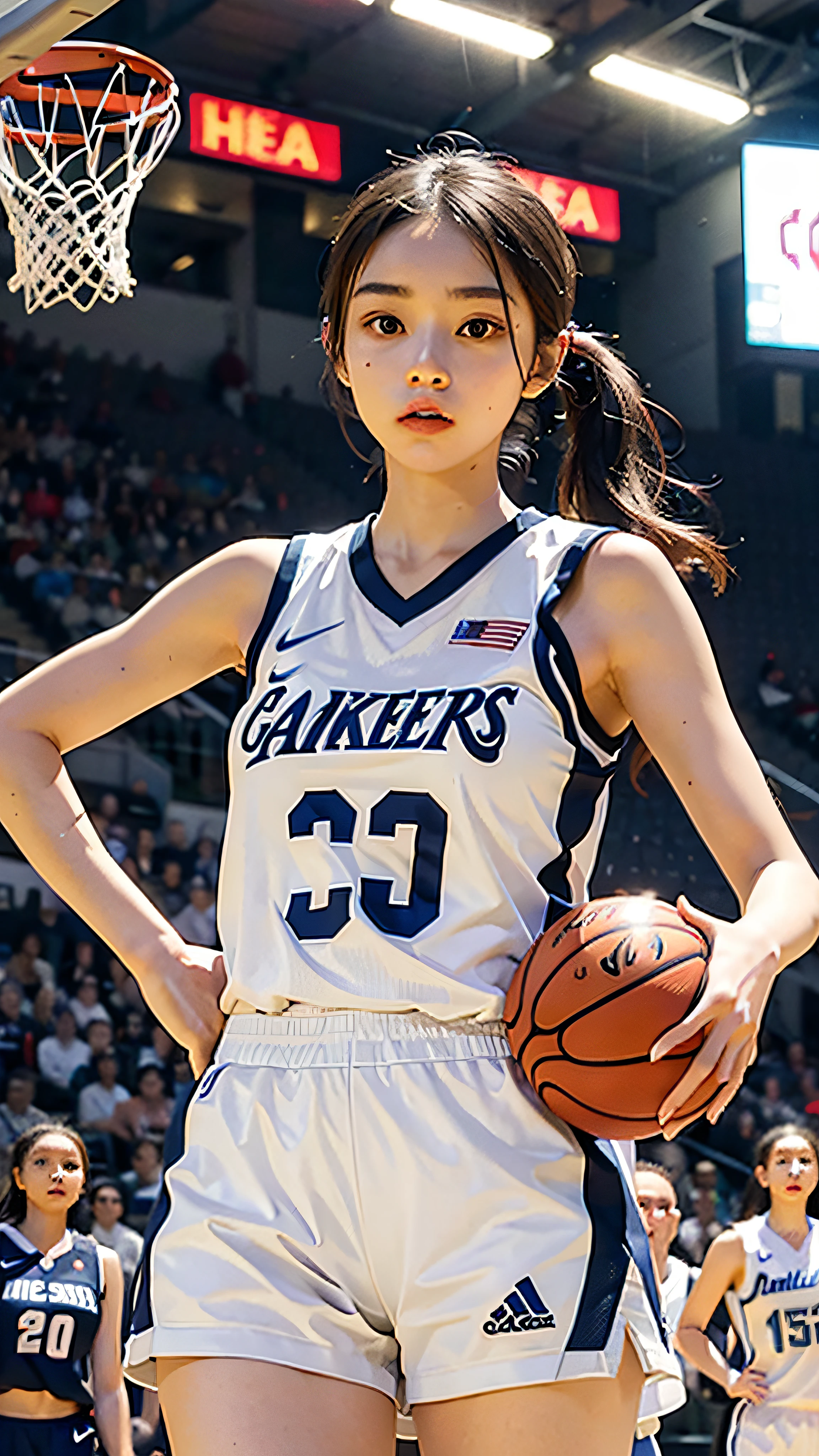 Girl in white basketball uniform, tall, is throwing and dribbling