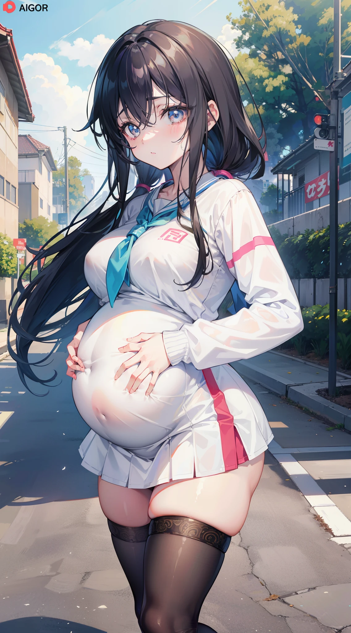 Masterpiece, 1girll, yukino yukinoshita, Glowing eyes, White sneakers, tennis wear, White miniskirt, White panties, White knee socks, Masterpiece, Top quality,  Hyper-detailed, Blue sky, grabbing her own breasts,Pregnant belly，Pregnant belly， Masterpiece,Best quality,absurderes,2D,((Anime screencap)),1girll,Cute,Expressive hair,Long hair,(Medium breasts),bouncing breasts,(pregnant:0.9),ahegao,Long shirt,vibrator in thighhighs,(((Trembling))),Outdoors,street