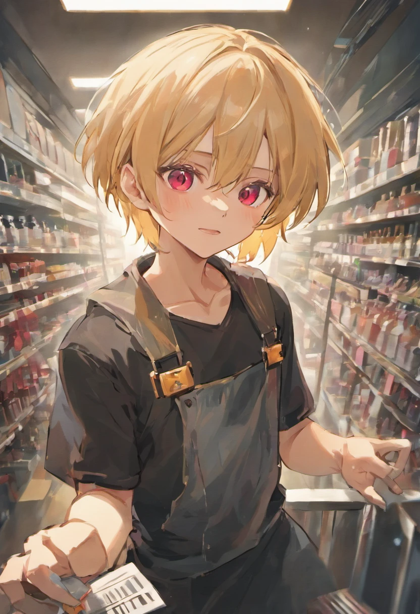 ((masterpiece)),(((best quality))), (high-quality, breathtaking), (expressive eyes, perfect face), 1boy, solo, male, short, young, boy, long white hair, red eyes, in a hair salon, wearing a black shirt, wearing an apron over shirt, holding hair scissors, smiling, very happy