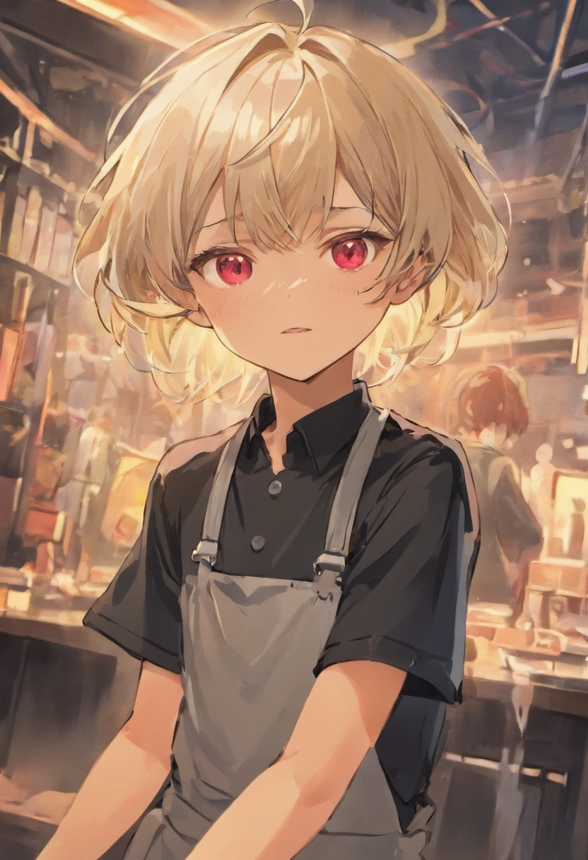 ((masterpiece)),(((best quality))), (high-quality, breathtaking), (expressive eyes, perfect face), 1boy, solo, male, short, young, boy, long white hair, red eyes, in a hair salon, wearing a black shirt, wearing an apron over shirt, holding hair scissors, smiling, very happy