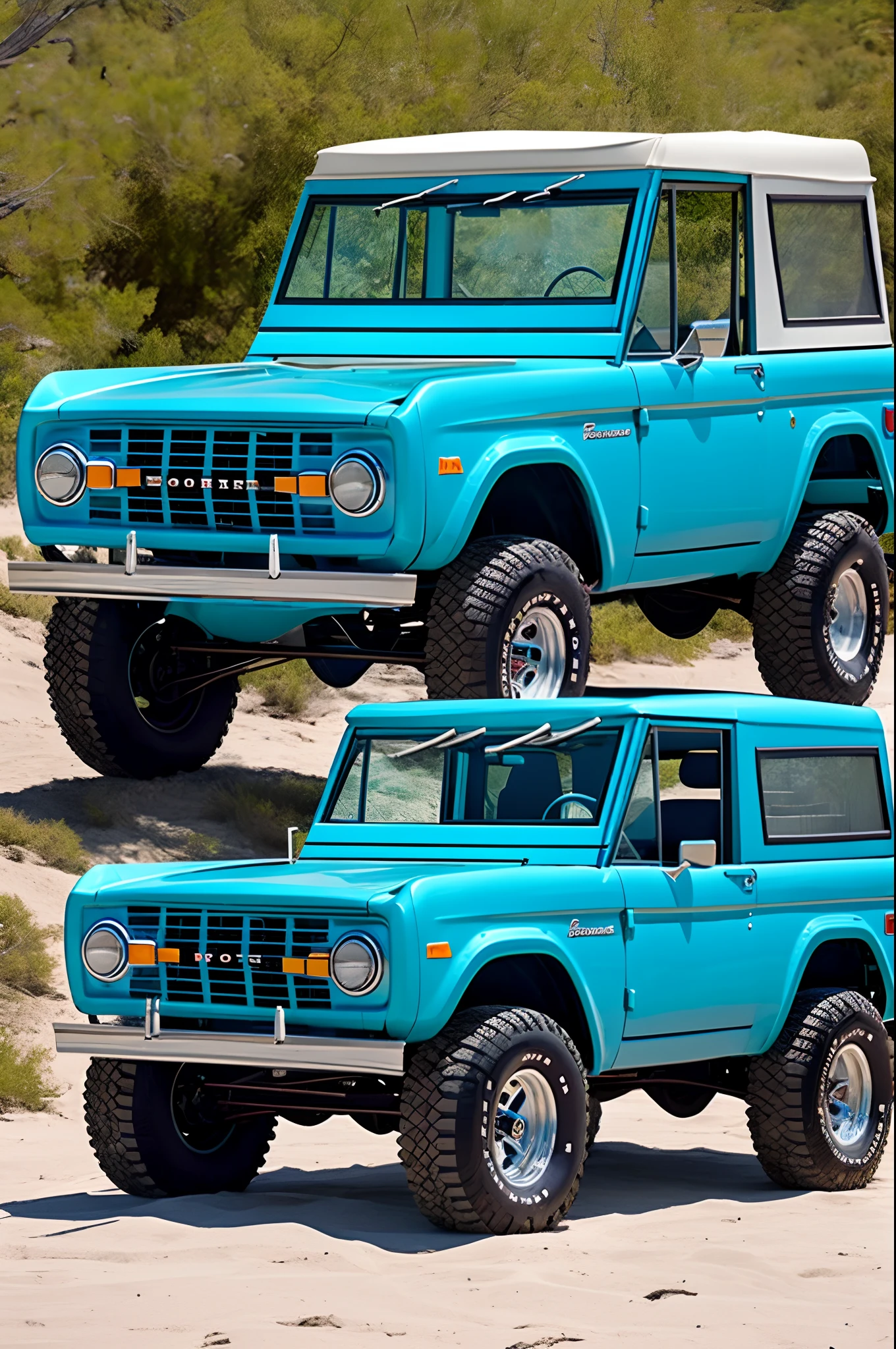 1971 ford bronco, aqua colored, with the top off, a white roll bar, a white grill, white steel wheels and big tires on a beach