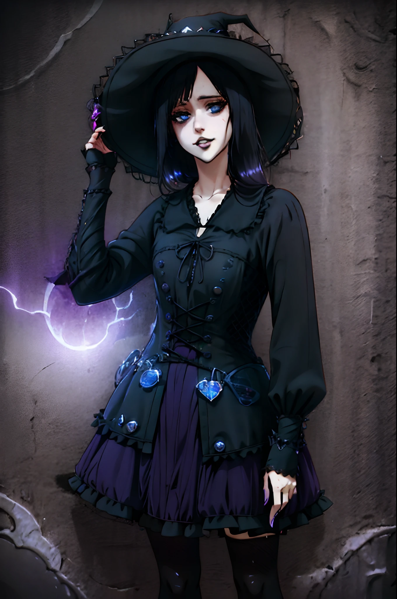 a woman in a black and purple dress and hat, gothic clothing, gothic clothes, victorian goth, gothic regal, witchcore clothes, victorian gothic ta fashion, gothic fashion, in detailed steampunk dress, wearing a gothic dress, victorian gothic, gothic outfit, black and violet costume, gothic dress, wearing modern gothic clothes, fashionable dark witch, witchy clothing, gothic jacket, dark blue hair, dark blue eyes, witcher hat