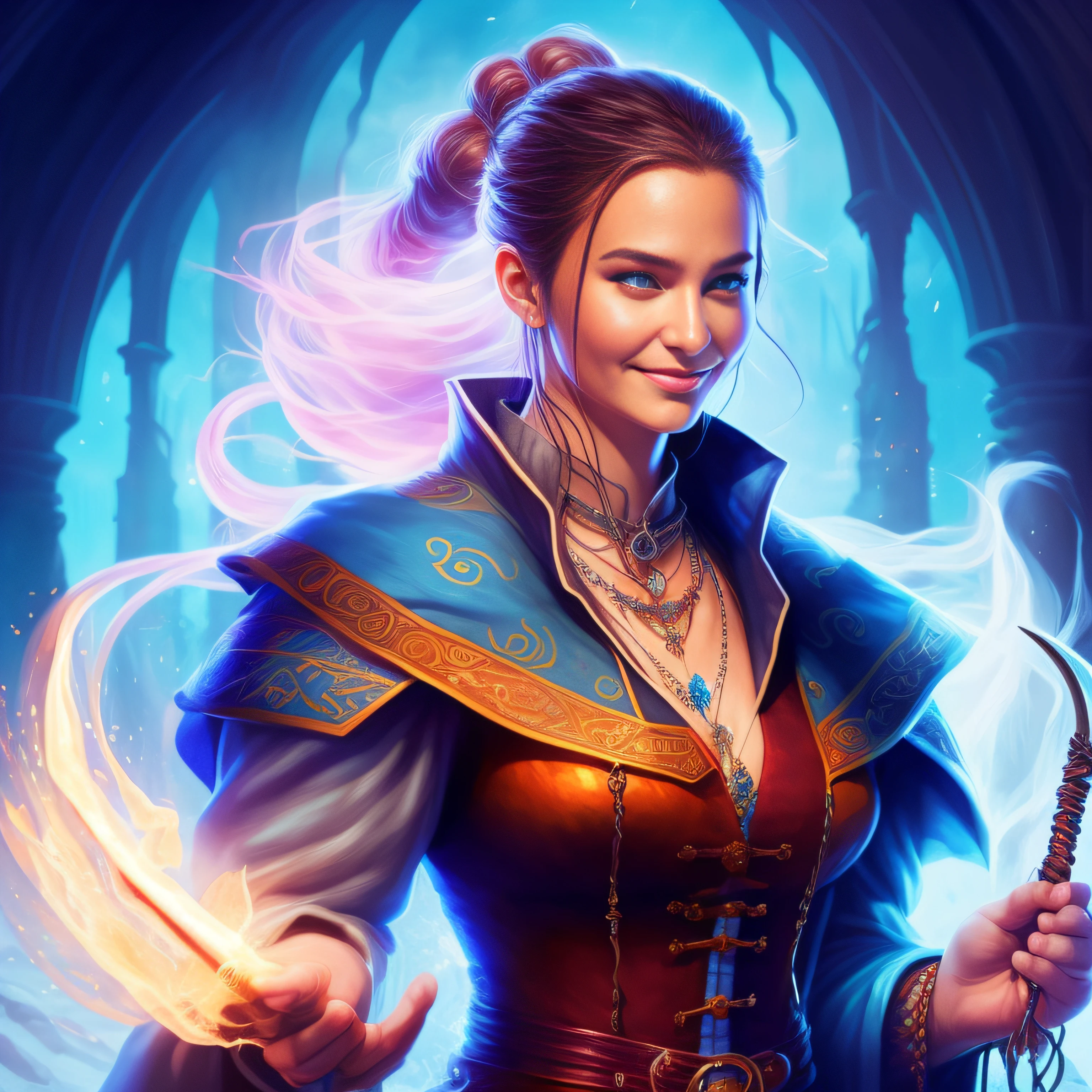 Colorful portrait illustration, (Attractive woman as a wizard, Ponytail, Wearing_long_flowing_Blue_Convoluted_embroideries_sorcerer_doress), (Necklace, Sacoche, a belt, Smiling, Highly detailed face, masutepiece, Best Quality), Highly detailed, (in the dungeon), Mage_glam, (Large, glowing rune circle), Fire and ice, Casting a spell, Ultra High Resolution, Alexandre Karame, Alyssa Monks and Shigeru Ban --auto