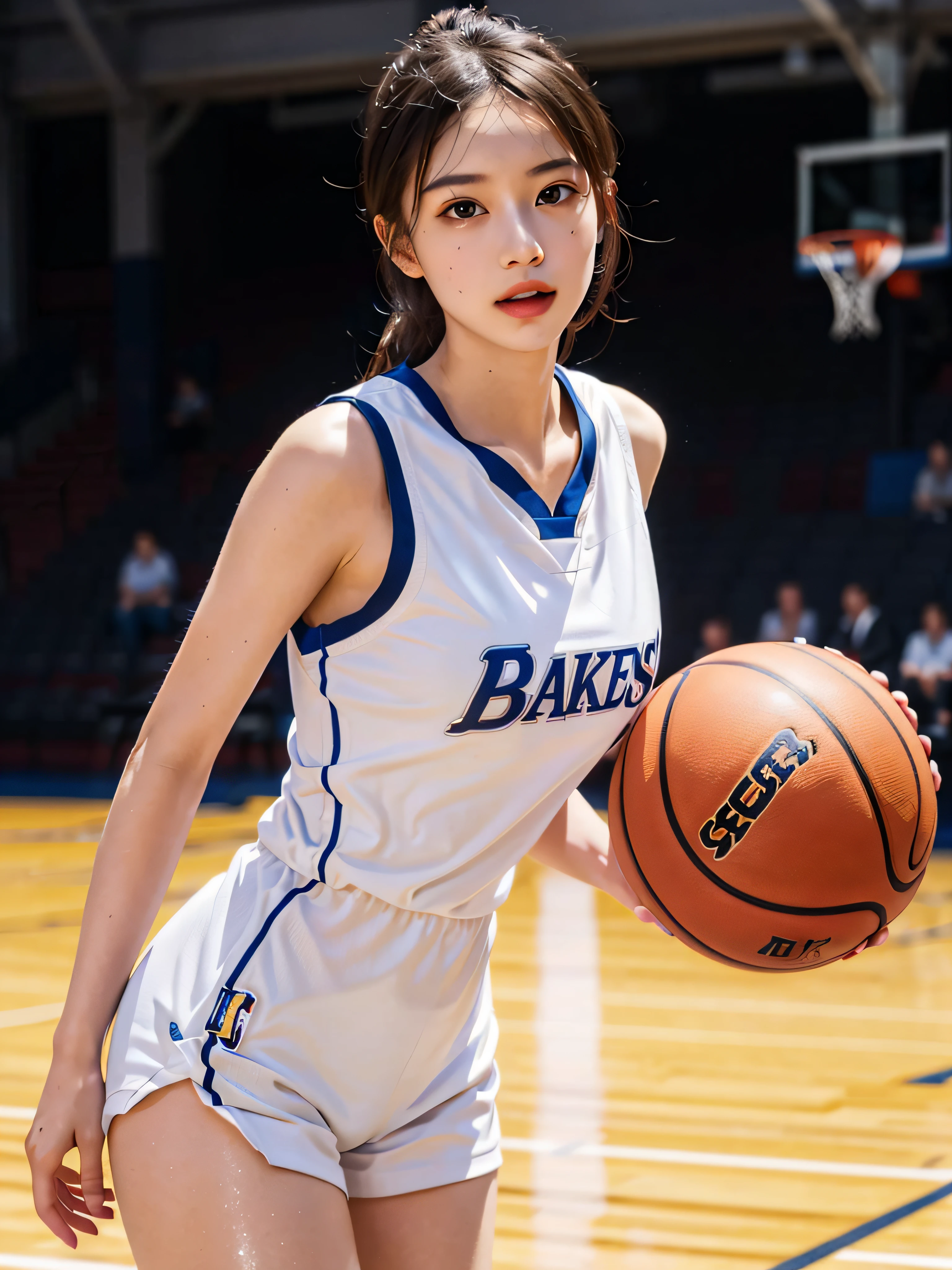 ( best qualtiy, tmasterpiece:1.2),A high resolution,8K,1girll,Delicate face,real looking skin,Dynamic light and shadow,Sharp focus,depth of fields,The eyes are delicate,pupil realistic, Playful expression, wear basketball uniform,(perfect bodies),(Big breasted 1.1),basketball playground,realisticlying, ultra - detailed, (shiny skins, perspired:1.4), looking at viewert,