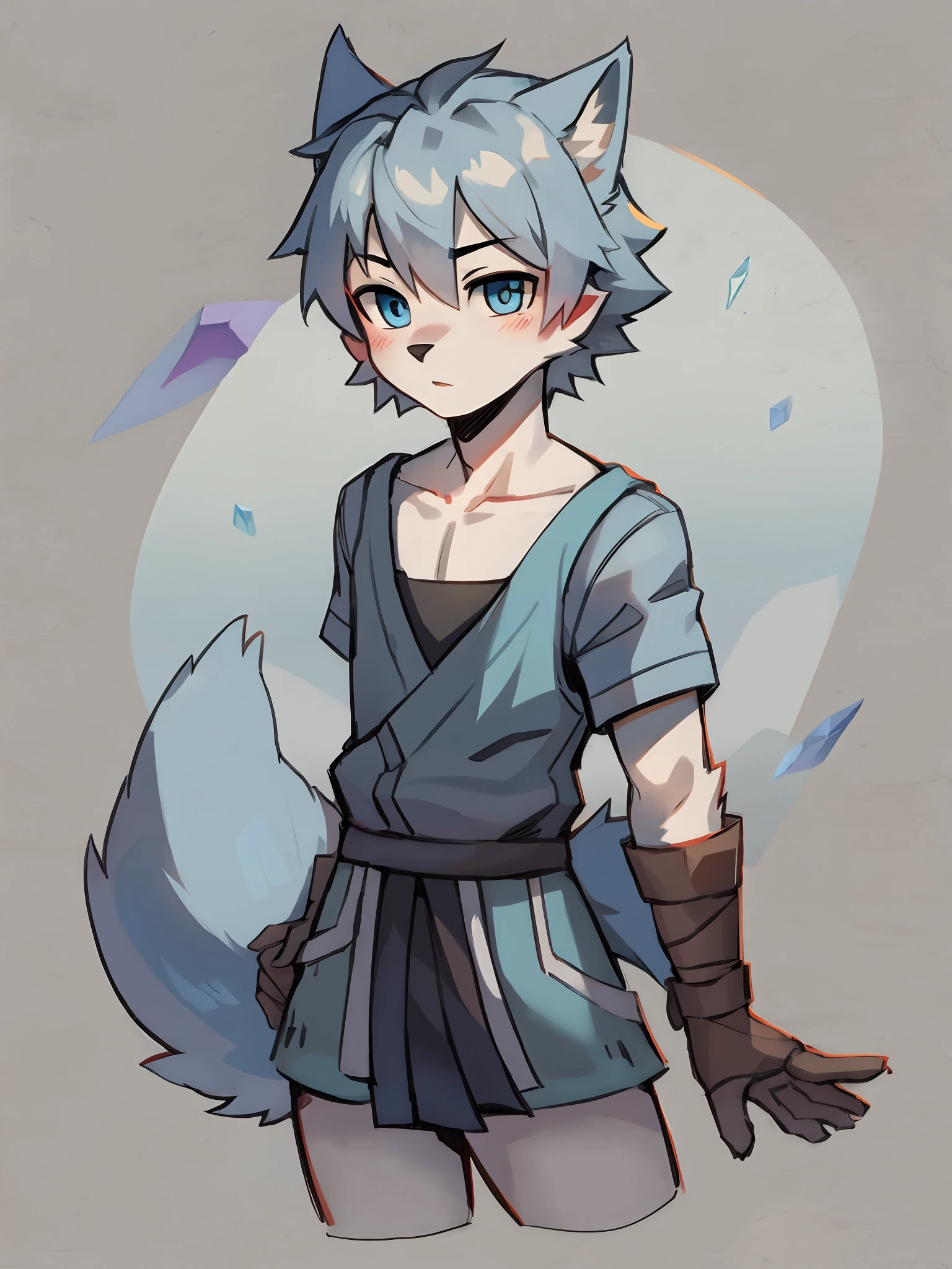 Furry,Wolf boy,White fur,crystal blue eyes,Single fluffy tail,greyt hair,short detailed hair