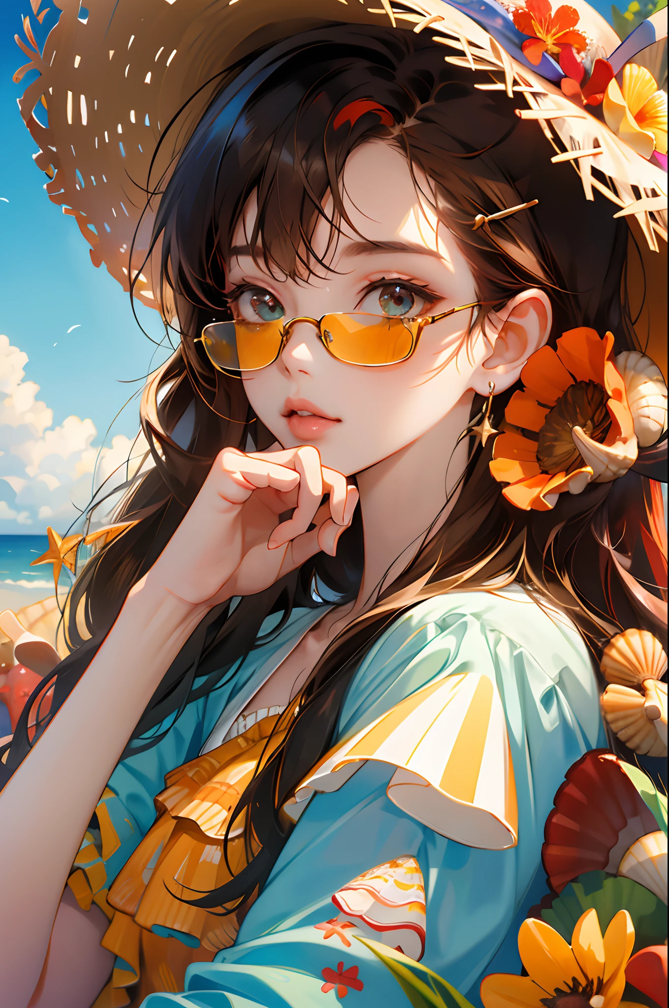 absurdres, highres, ultra detailed, 1girl, solo, extremely detailed eyes, starfish, seashell, shell, flower, hat, hair ornament, jewelry, straw hat, looking at viewer, sunglasses, hat flower, drinking straw, hairclip, earrings, red flower, tinted eyewear, yellow flower, bangs, english text, multicolored hair, orange flower, black hair, ring, cup, long hair, orange-tinted eyewear, food, brown hair, portrait, shell hair ornament