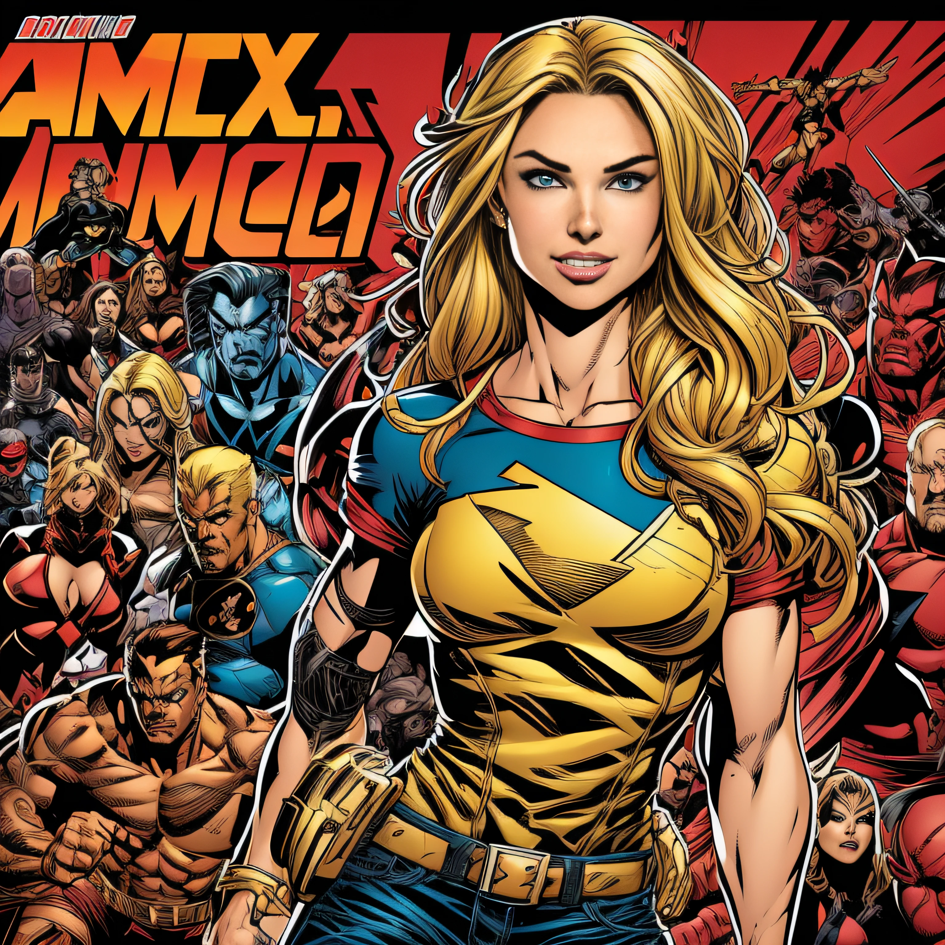 comic book style, Line art in Joe Madureira style, Very attractive girl, Woman, Woman in X-Men T-shirt, American heritage, Blonde hair, Bright red eyes, Proud Expression, Standing in a nightclub and singing,SNTHWVE Style, nvinkpunk, Daskypai --auto