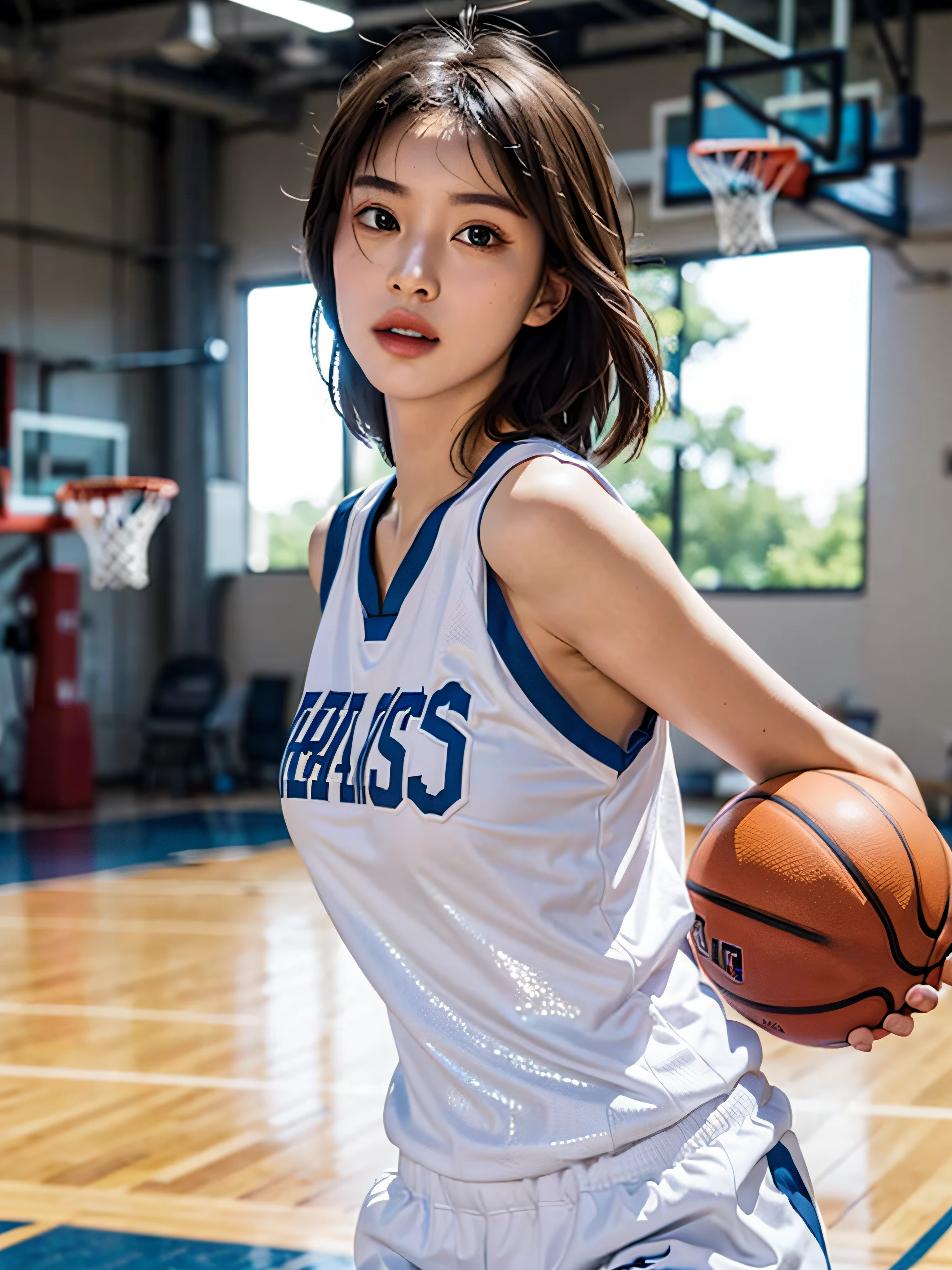 ( best qualtiy, tmasterpiece:1.2),A high resolution,8K,1girll,Delicate face,real looking skin,Dynamic light and shadow,Sharp focus,depth of fields,The eyes are delicate,pupil realistic, Playful expression, wear basketball uniform,(perfect bodies),(Big breasted 1.1),basketball playground,realisticlying, ultra - detailed, (shiny skins, perspired:1.4), looking at viewert,