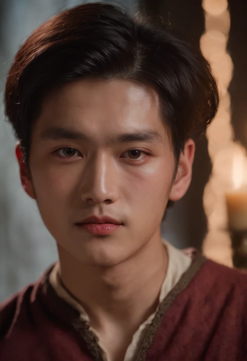 (((a deep reddish wound crosses her left cheek))) fair complexion, Korean man around , black hair, blown eyes, nude, hunk, handsome, candlelight in a medieval setting, ultra sharp focus, realistic shot, tetradic colors (scar:1.4)