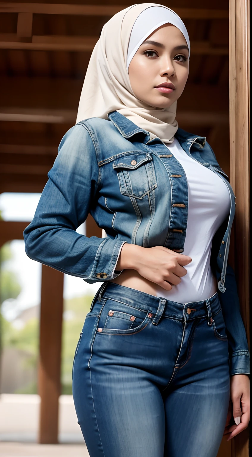 Hannah delisha wearing hijab with light blue jeans and yellow button shirt, torn jeans, crowded night market background, blurry background, high quality photography,