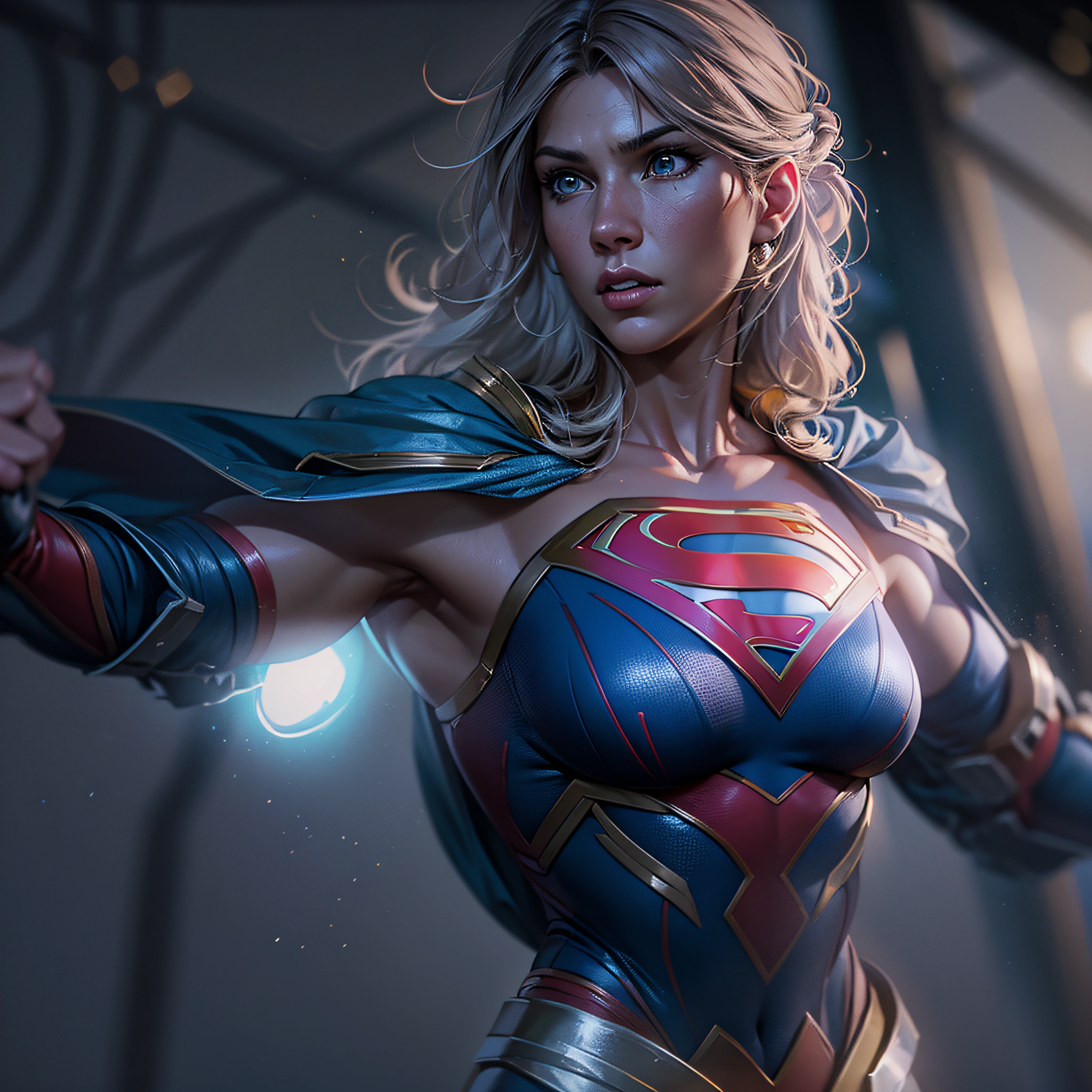 Warrior Supergirl, muscular body. battle pose. intricate, hyper-maximalist, elegant, hyper realistic, epic high details, full details, high resolution, dynamic slight blue lighting, rendering, realism, Photo-realistic, ultra realistic, octane render, unreal engine, hyper detailed, volumetric lighting, 8k reality, cinematic