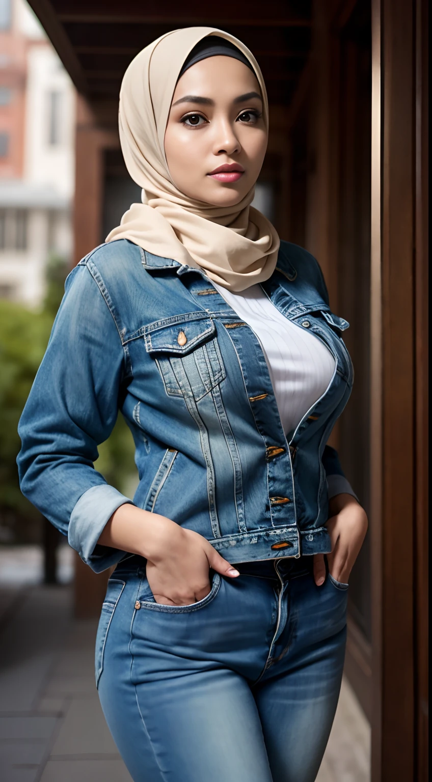 RAW, Best quality, high resolution, Masterpiece: 1.3), Beautiful Malay woman in hijab, Masterpiece, Perfect slim body, (Big breasts), Beautiful big eyes, Soft smile, Masterpiece:1.2, Best quality), Realistic, (Real picture, Intricate details, Depth of field,jacket jean,denim pant,Panoramic camera), parted lip, highly detailed, Perfect face, Perfect body, Large models, Mature woman, Tall, Long legs, Natural background bokeh