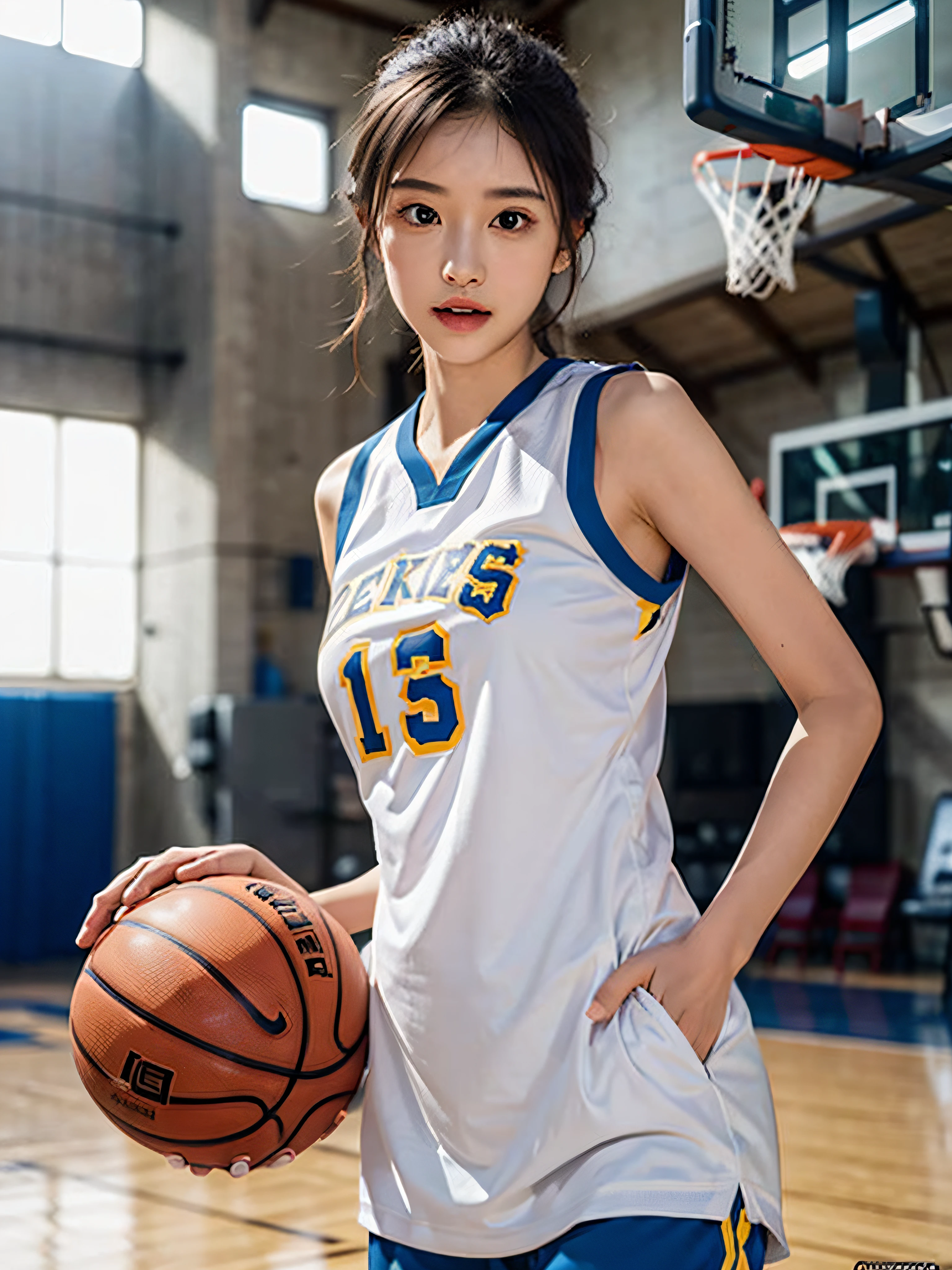 masutepiece、Best Quality、ultra-detailliert、Top image quality、1 persons、Basketball Costumes、17 year old woman playing basketball