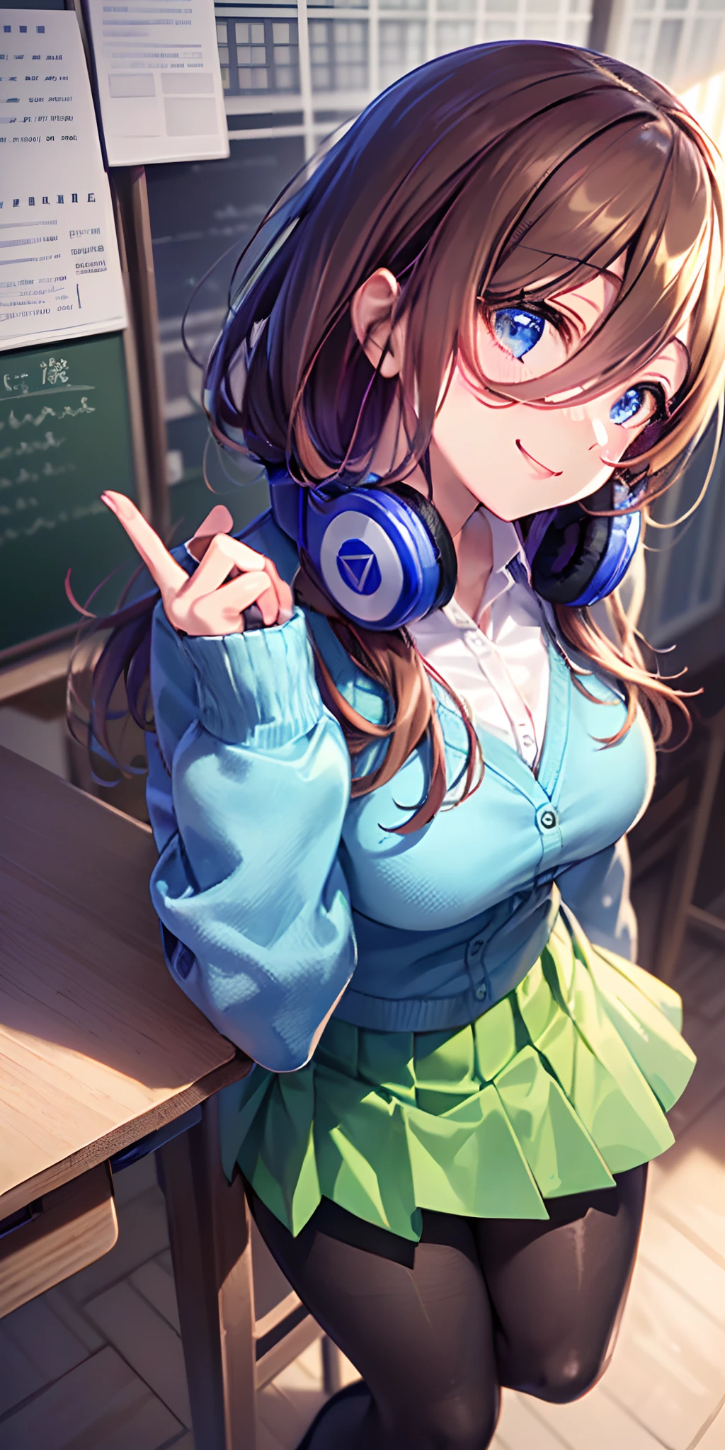 masutepiece, Best Quality, (Very detailed CG Unity 8K wallpaper) (Best Quality), (Best Illustration), (Best Shadows), Miku Nakano, Brown hair, Blue eyes, classroom, Beautiful detailed eyes, looking at viewer,((Blue Cardigan)),((Short green pleated skirt)),((Black pantyhose)),smile,head tilt,finger to mouth,from above,